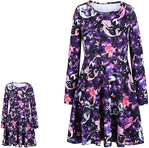Jxstar Vestidos a juego para niñas y muñecas de manga larga con diseño de unicornio y sirena
