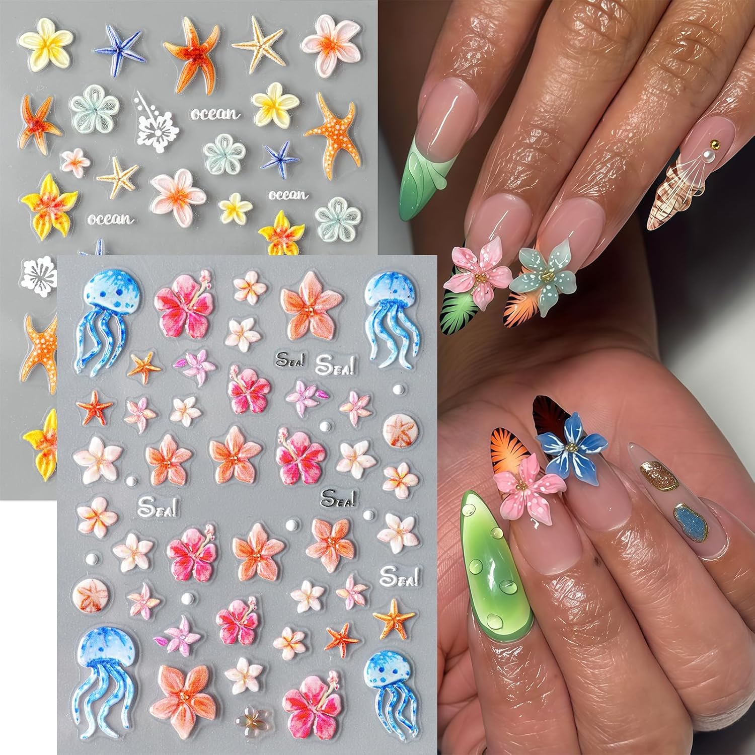 3 Sheets Summer Flower Nail Art Stickers Decals 5D Embossed Self Adhesive Starfish Jellyfish Flower Nail Decals Beach Hibiscus Nails Designs Hawaiian Floral French Nail Decoration Supplies for Women