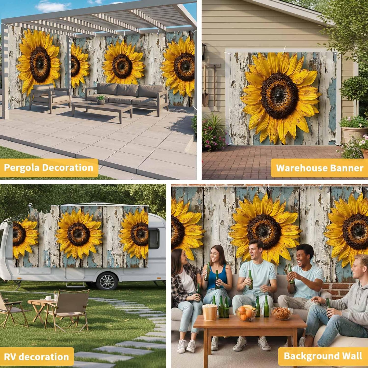 Summer Sunflower Garage Door Cover Banner 7 x 8 FT, Vintage Wooden Botanical Floral Garage Door Curtains Backdrop with Grommets for Indoor Outdoor Wall Party Porch Yard Decorations Background