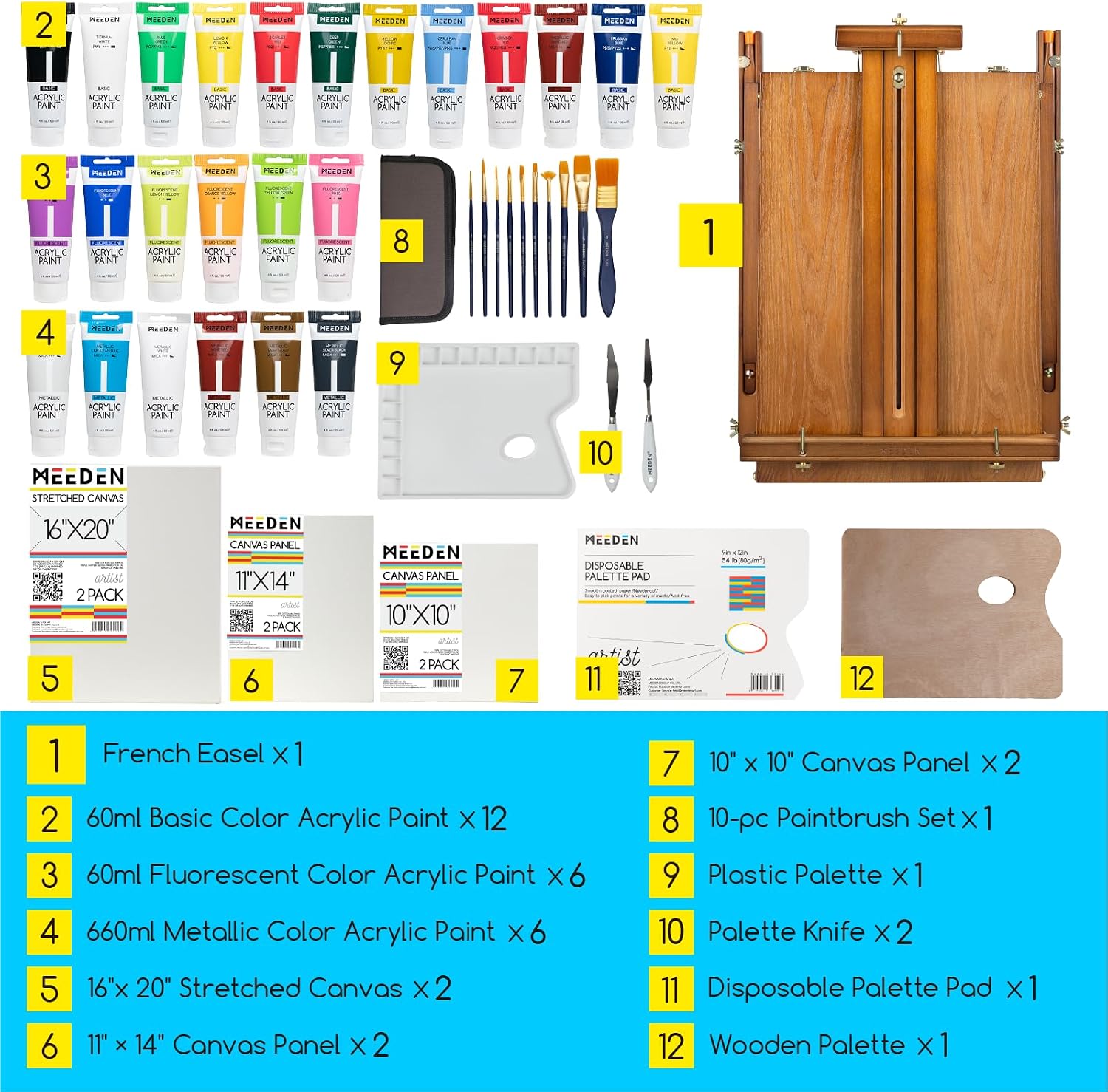 MEEDEN Painting Kit with French Easel, 24 Colors Acrylic Paint Set, 10 Pcs Paint Brush Set, Canvas Set & Art Supplies, Great Painting Set for Beginners & Artists