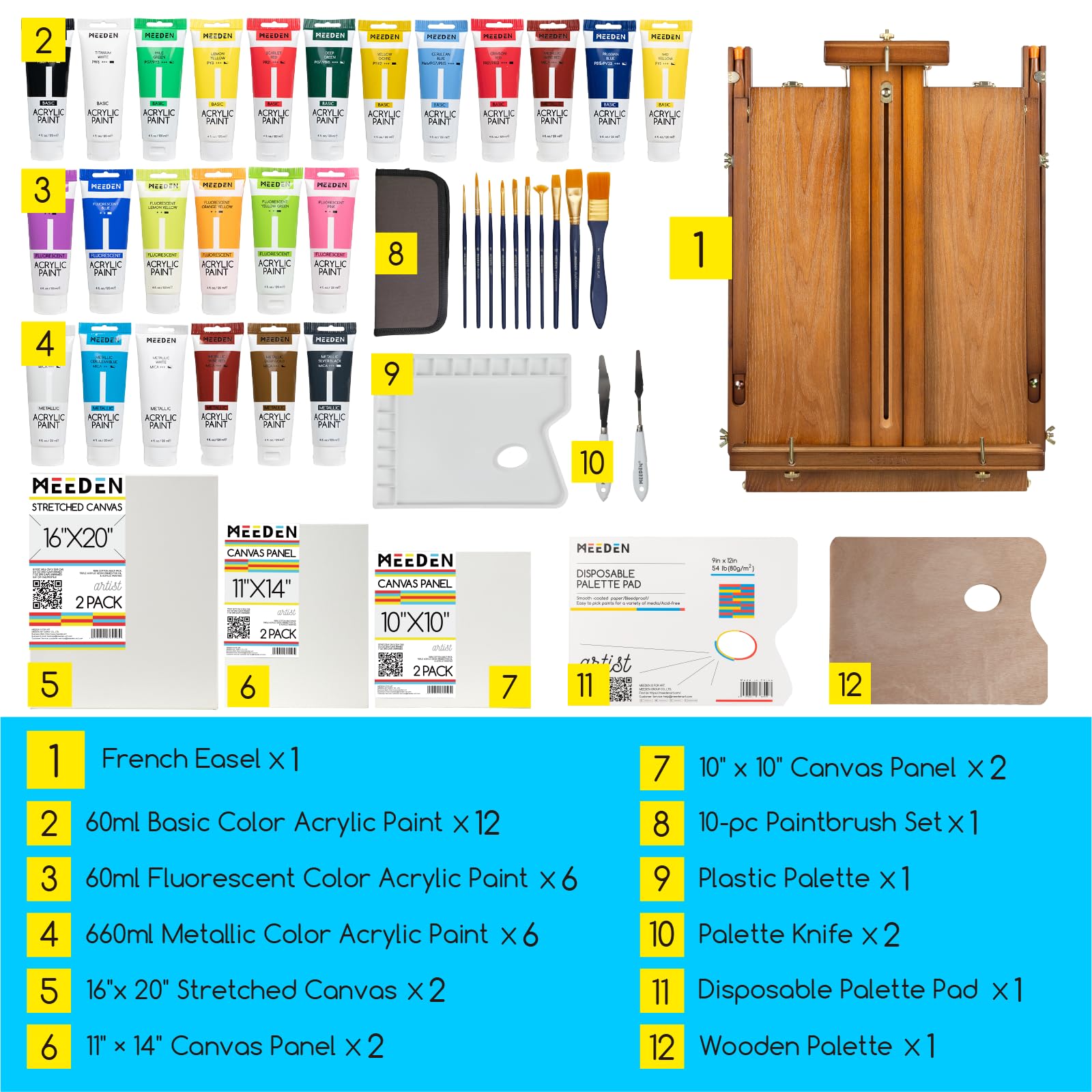 MEEDEN Kit de pintura con caballete francés, juego de pintura acrílica de 24 colores, juego de 10 pinceles de pintura, juego de lienzo y suministros de arte, gran juego de pintura para principiantes y