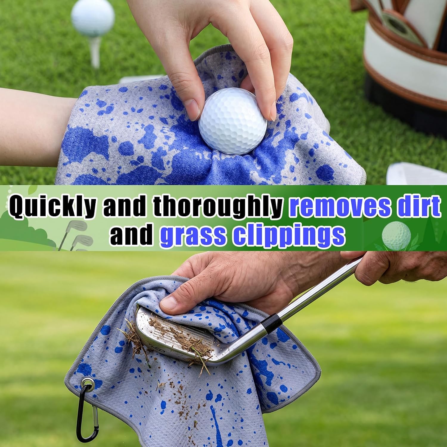 Batiyeer 6 Pcs Large Golf Towels (16" x 24") with Clips to Hang on Bag Cart Microfiber Splatter Fabric Waffle Towel for Golf Bags Absorbent Club Ball Cleaner and Gifts for Men Women(Black Gray Blue)