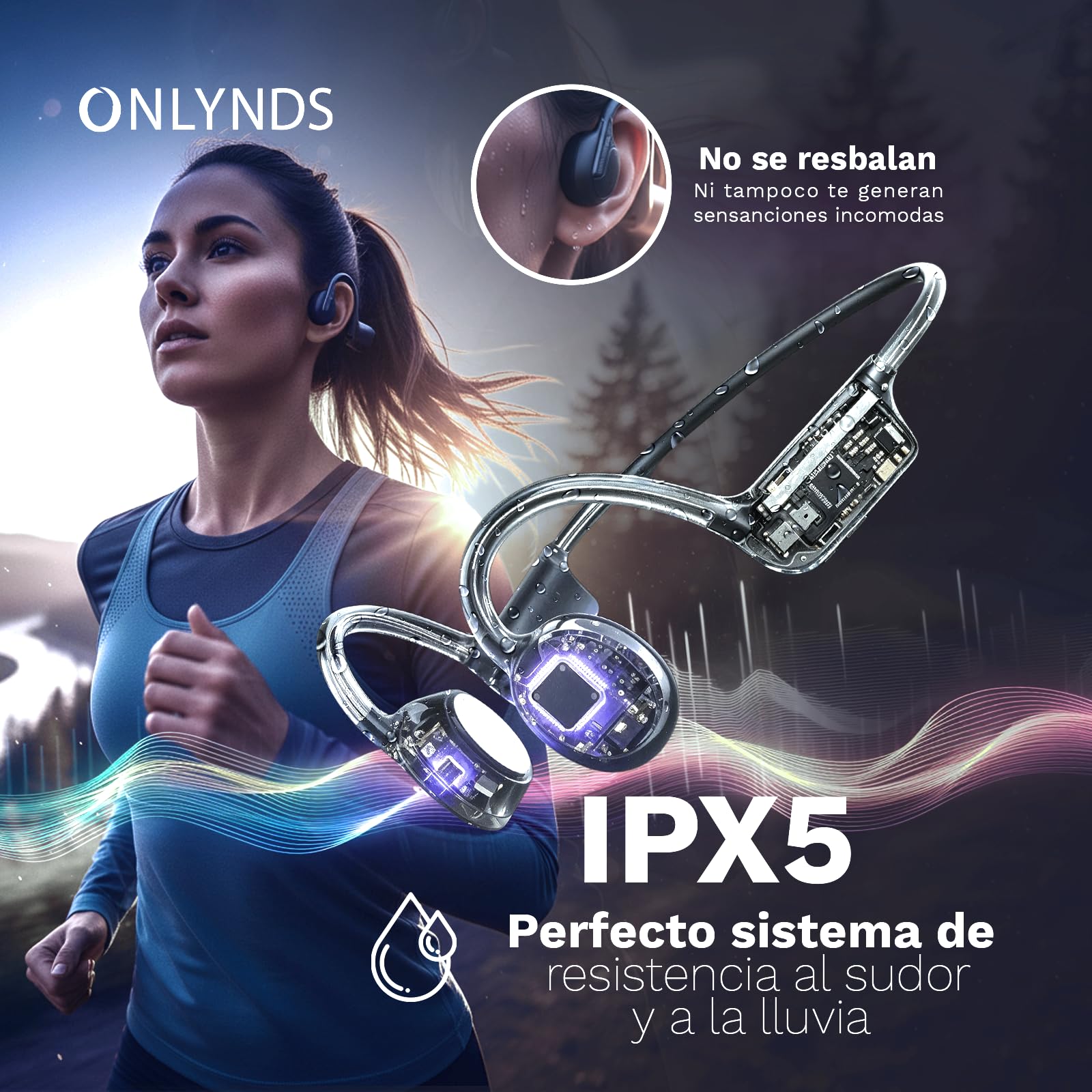 Onlynds Super Auriculares Conduccion Osea Premium Bluetooth 5.4 | Cascos Open Ear Inalámbricos IPX5 | ULTRALIGEROS | Resistentes al Sudor y Lluvia | Bolsa Impermeable INCLUIDA. — view 3