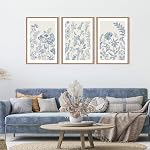HPINUB Classique Chinoiserie Florale Cadre Toile Wall Art Set,Aquarelle Bleu et Blanc Fleurs botaniques Mur Décor,Navy Blue Minimalist Wildflower Art Print for Living Room,Chambre,Office-16 x24 x3