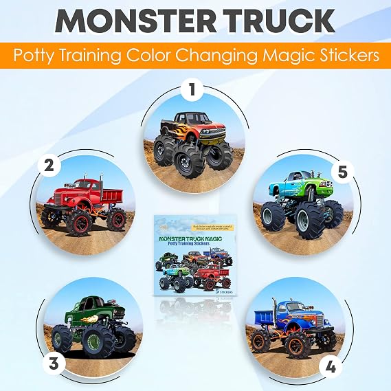 Potty Training Seat Magic Sticker | Monster Truck Potty Training Toilet Color Changing Sticker | 5 Pack Toilet targets with FREE potty e book | Use with or Without Potty chart or potty watch