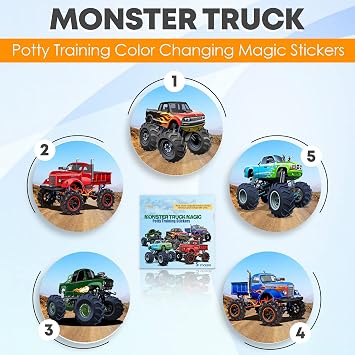 Potty Training Seat Magic Sticker | Monster Truck Potty Training Toilet Color Changing Sticker | 5 Pack Toilet targets with FREE potty e book | Use with or Without Potty chart or potty watch