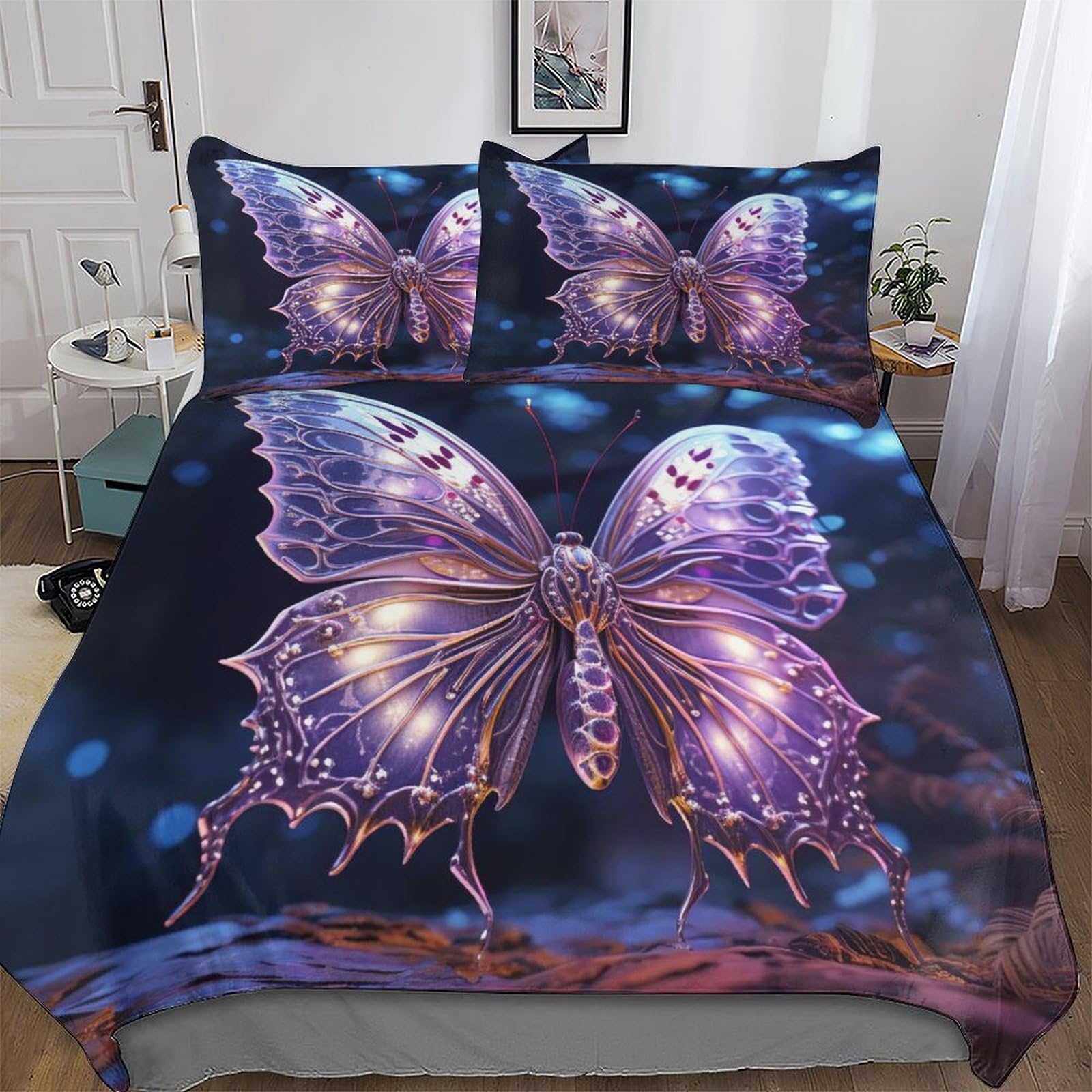 Housse de couette papillon avec taies d'oreiller en microfibre pour lit King 220x240 cm