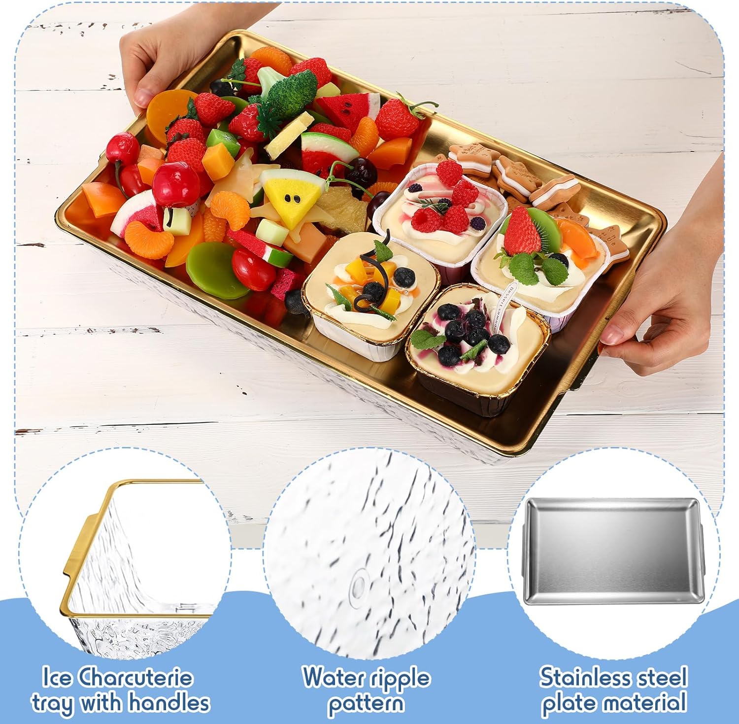 Baderke 3 Set 16" x 9'' Chilled Serving Tray for Parties with Compartments Rectangle Serving Dish Ice Charcuterie Party Platter for Shrimp Fruit Seafood Vegetable Appetizer (Gold)
