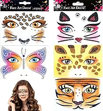 5 Pieces Face Tattoo Stickers, Animal Glitter Face Stickers for Girls Women, Leopard Butterflies Cat Tiger Giraffe Temporary Tattoos for Face Halloween Carnival (5PCS)