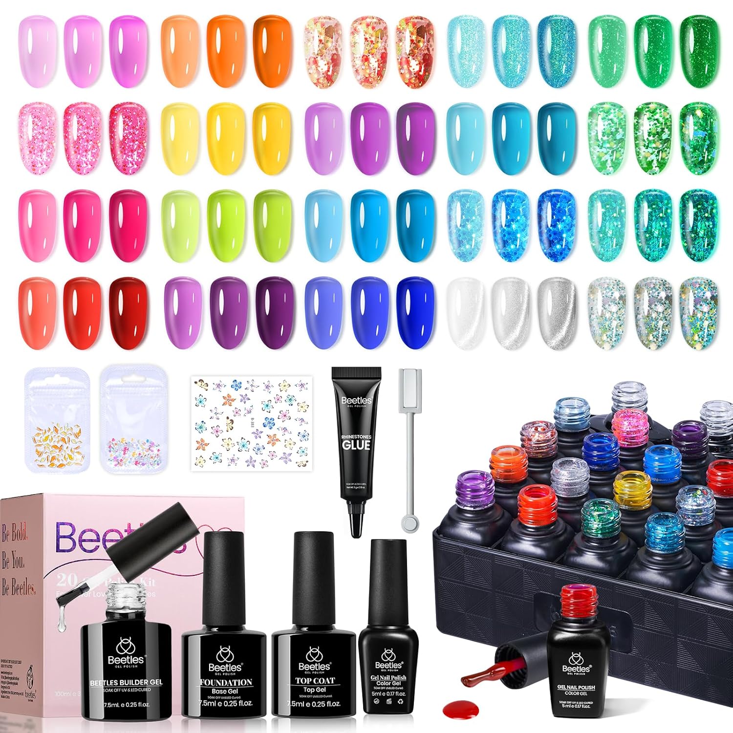 Beetles Jelly Gel Nail Polish Set - 20 Colors Spring Cat Eye Glitter Neon Rainbow Soak Off UV LED Gel Nail Kit Pink Yellow with Base Matte Top Coat DIY Nail Art Sunbeam Jelly Summer Gift for Women