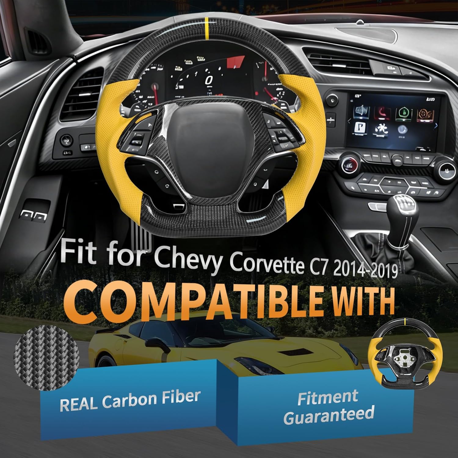 Carbon Fiber Steering Wheel for Chevrolet Corvette C7 2014-2019 Z06 ZR1,D-shaped Flat-bottom,Yellow Perforated Leather Grip with Replacement Trim,Yellow Stripe & Stitching