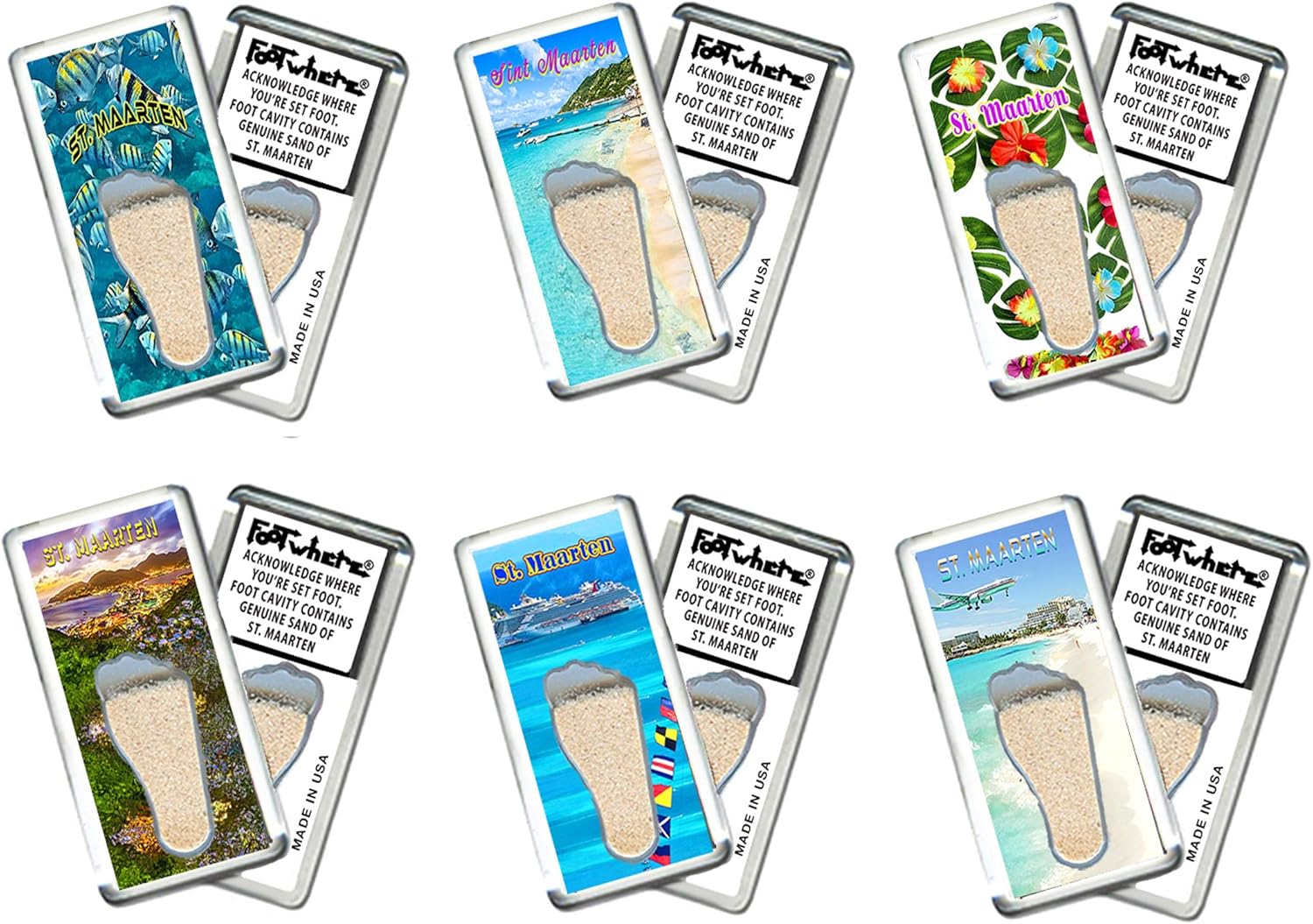 St. Maarten FootWhere® Souvenir Fridge Magnets. 6 Piece Set. Authentic Destination Souvenir acknowledging Where You've Set Foot. Genuine Sand of St. Maarten encased Inside Foot Cavity. Made in USA