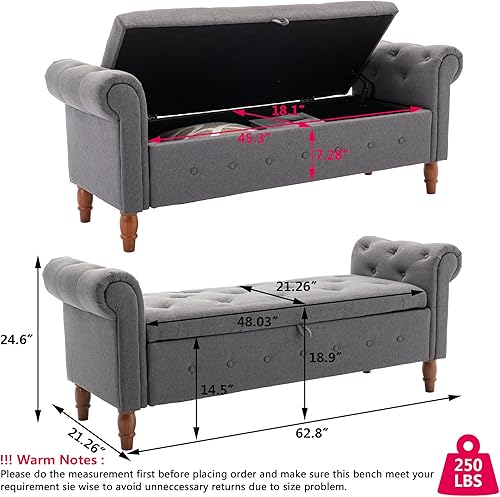 Miniatura 2 de Aoowow Banco de almacenamiento con brazo enrollado, banco otomano de almacenamiento de lino copetudo con brazos, banco de almacenamiento de 62.8