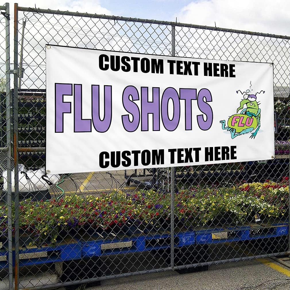 Custom Vinyl Banner Multiple Sizes Flu Shots Health and Wellness Flu Shots Banners Outdoor Weatherproof Industrial Yard Signs 4 Grommets Personalized Text Here 16x40Inches