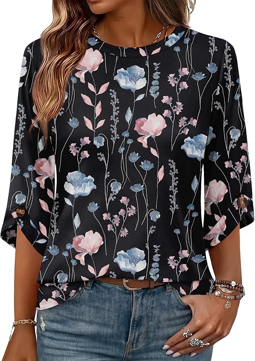 OFEEFAN Womens 3/4 Sleeve Tops with Buttons Crew Neck Summer Fall Clothes