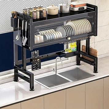 Large Metal Countertop Dish Drying Rack for Kitchen Sinks Three-Tiered Dish Drying Rack with Lid Over The Sink Dish Drying Cabinet with Magnetic DooBlack Single Layer,105cm/41in