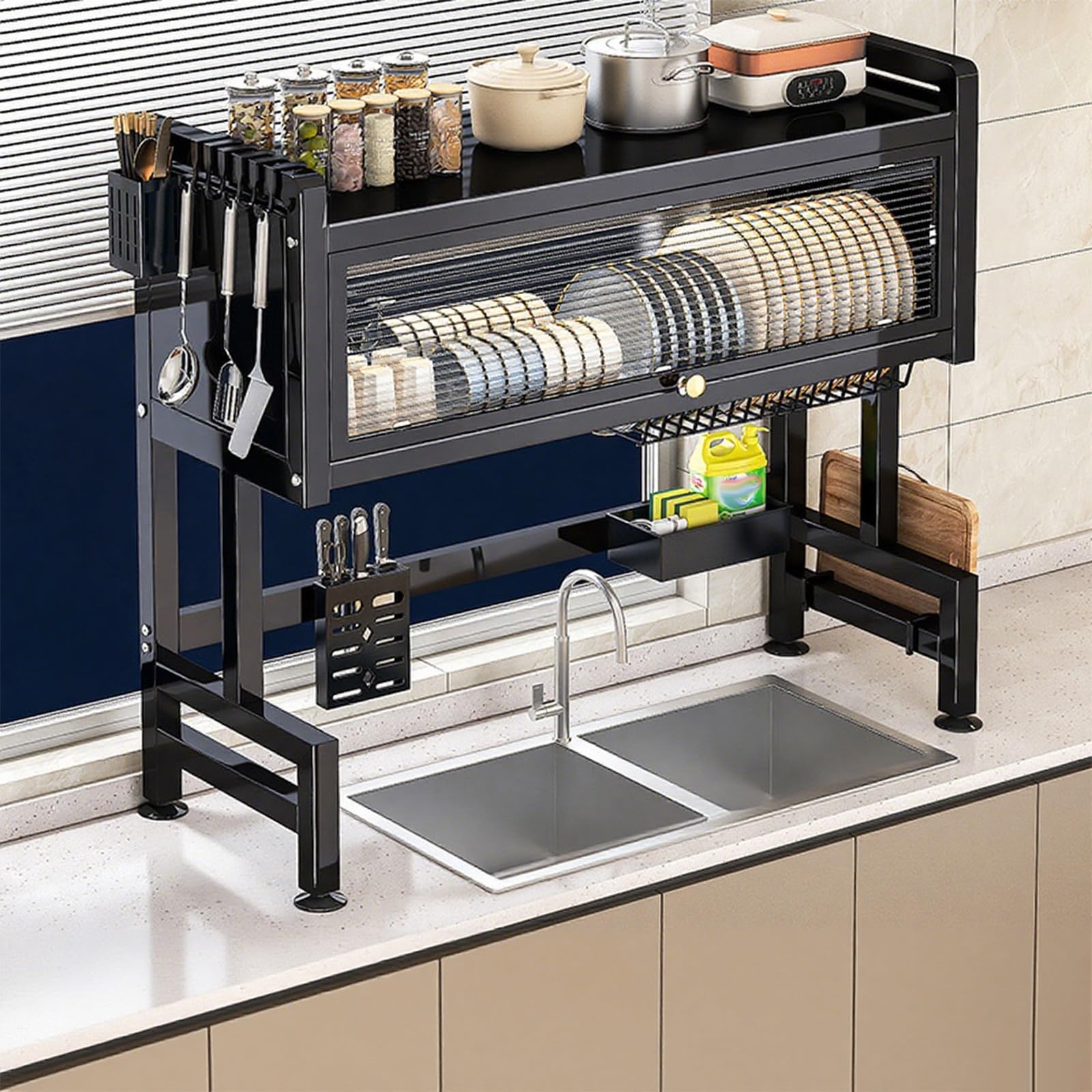 Abtropfgestell aus Metall für Küchenspüle, 3-stöckig, Organizer mit magnetischer Tür und Deckel, platzsparend, schwarz, 65 cm, langlebig und stilvoll
