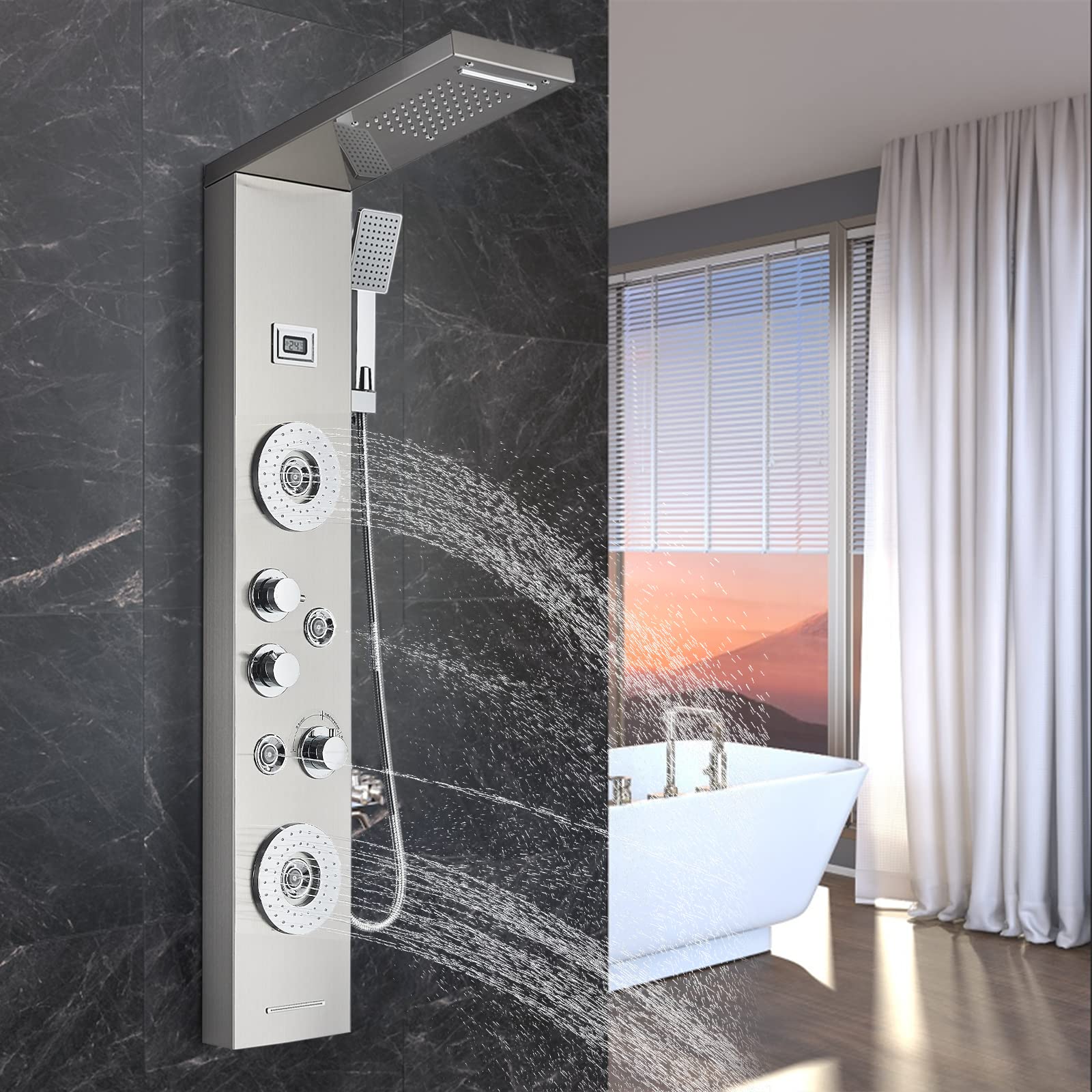 Columna de Ducha con Pantalla LCD, Sistema de Panel de Hidromasaje 3 en 1, Cabezal de Lluvia Grande, Masaje Corporal, Acero Inoxidable Cepillado