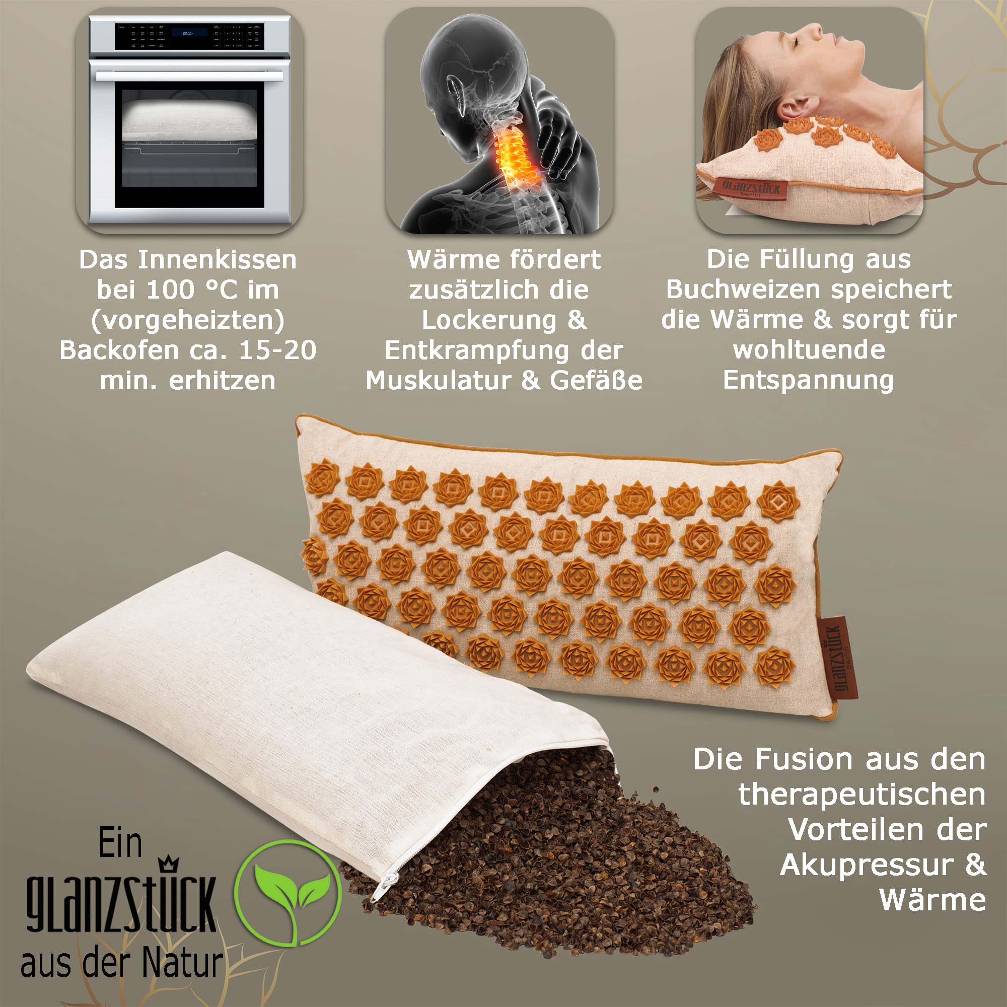 Glanzstück Berlin Health Collection XL Akupressurmatte Set ORIGINAL aus Leinen Massagematte mit Kissen Wärmefunktion Tasche