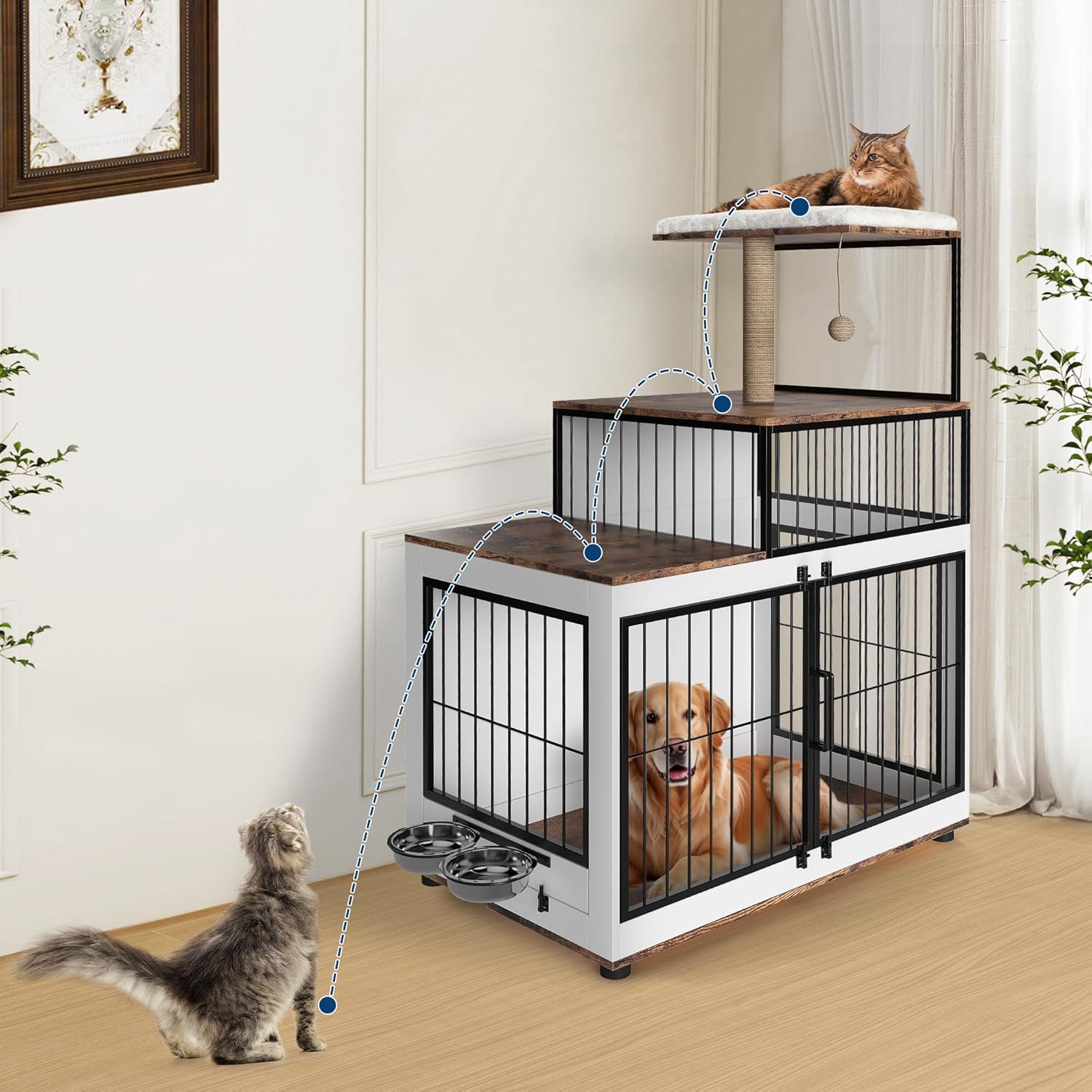 2-in-1 Dog Crate Furniture with Cat Scratching Post & Rotating Food Bowl - Multi-Functional Wooden Pet Kennel with Resting Platform for Multi-Pet Households