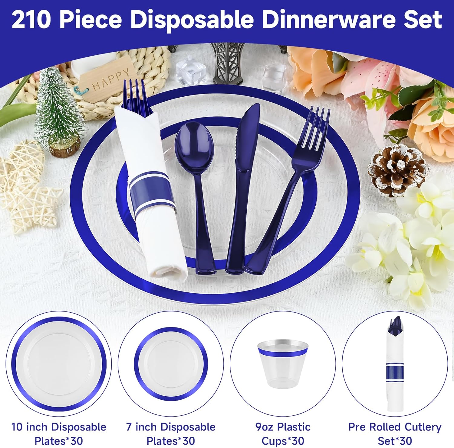 210 Pcs Blue Plastic Dinnerware Set for 30 Guests - Includes 30set of Dinner Plates, Dessert Plates, Clear Plastic Cups, and Blue Pre-Rolled Napkins with Cutlery Set, Disposable Party Supplies - Image 3