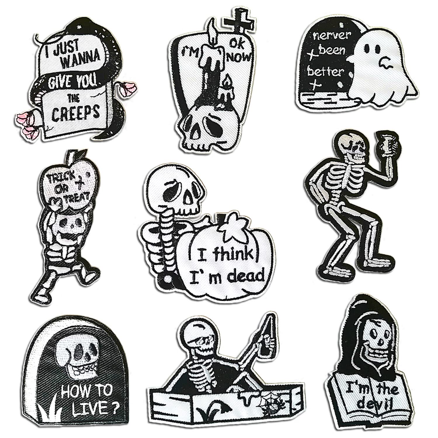 CHBROS 9 Pcs Embroidered Patches, Skull Skeleton Patches Applique, Iron on Patches or Sewing Patches for Clothing Jackets T-Shirt Backpacks...(Set of 9)