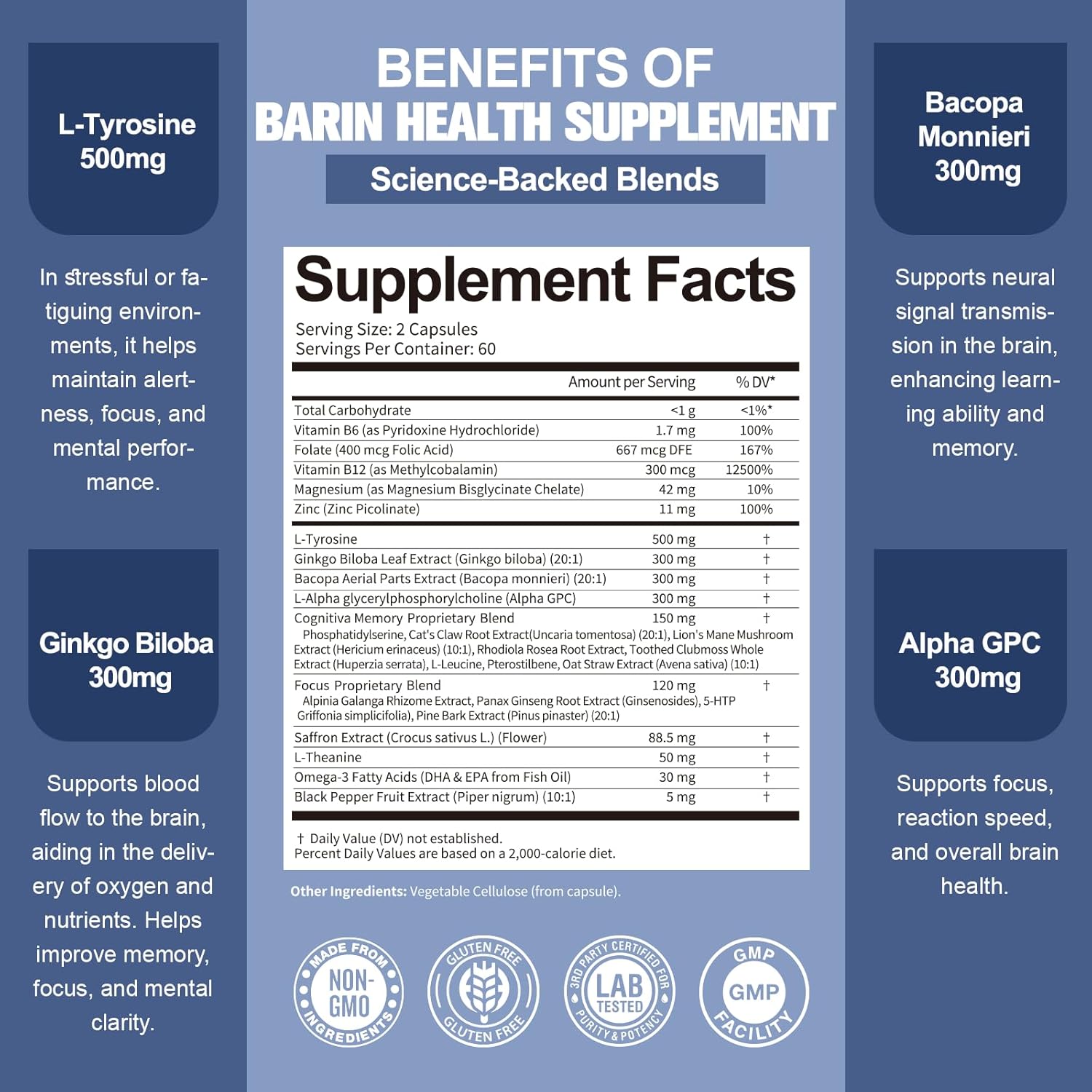 Totara Brain Supplements for Memory and Focus丨Non-Caffeinated Energy with L-Tyrosine, Alpha GPC, Ginkgo Biloba, Bacopa Monnieri, Saffron – Gluten Free, Non-GMO for Neuro & Brain Health (120 Counts) - Image 5