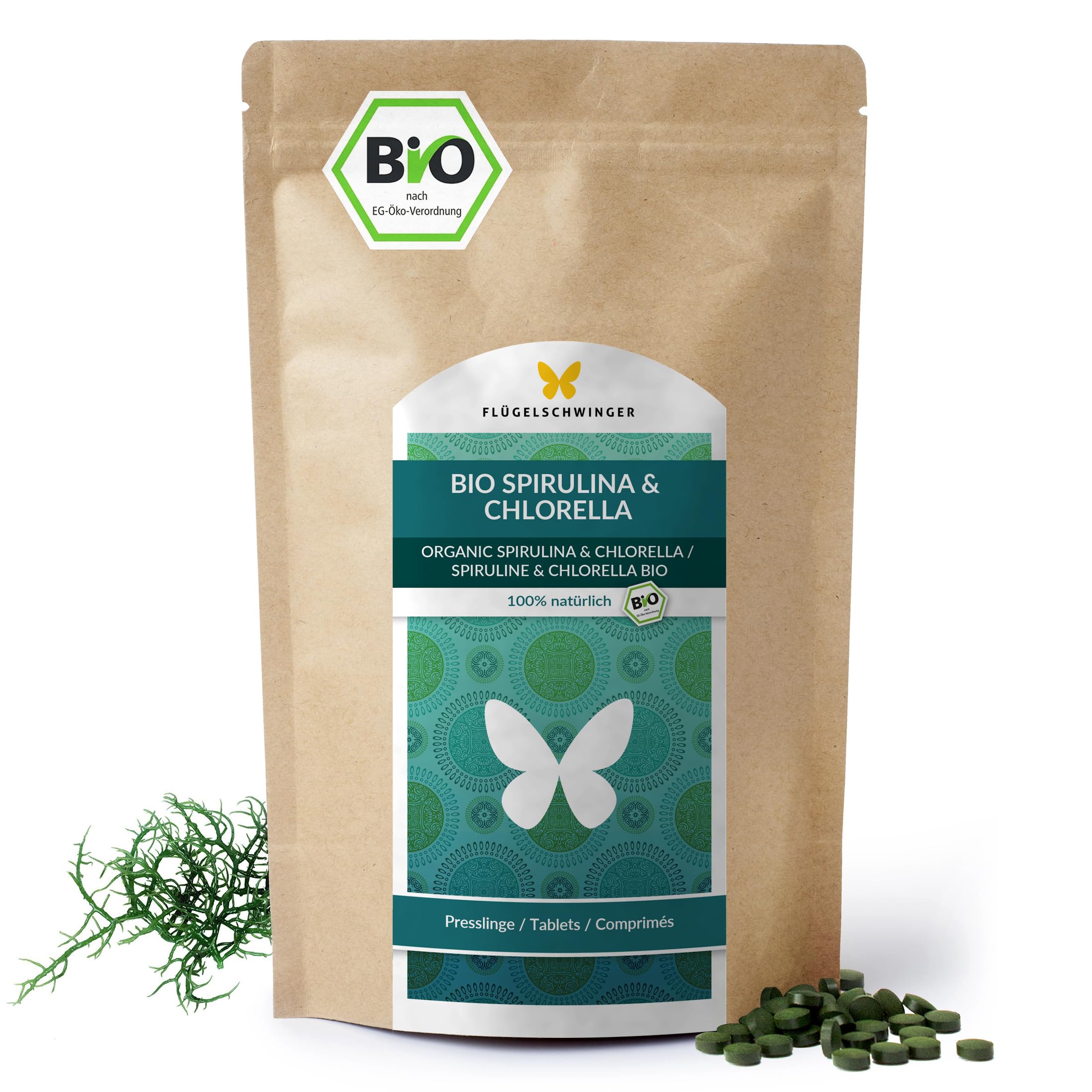 500g BIO Spirulina & Chlorella Presslinge, 1000 Tabletten 'a 500mg, 100% natürlich, rückstandskontrolliert, nach EU-ÖKO-Standard kultiviert und hergestellt, Rohkostqualität, ohne Zusätze (500g)