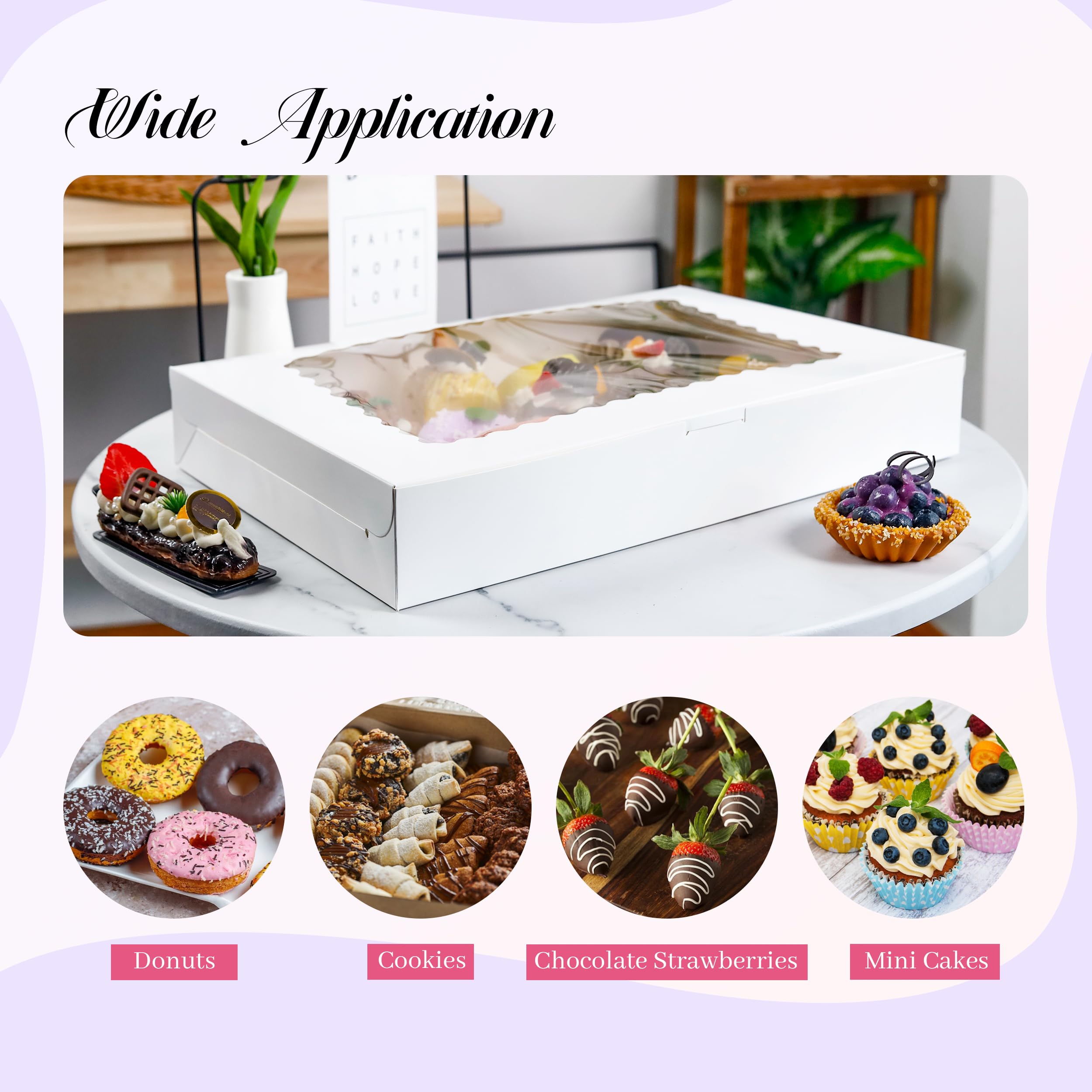 NPLUX Paquete de 40 cajas de galletas de 16 x 11 x 2.5 pulgadas, cajas de panadería con ventana para embalaje de galletas, cajas de postre para fresas cubiertas de chocolate, donas, bombas de cacao