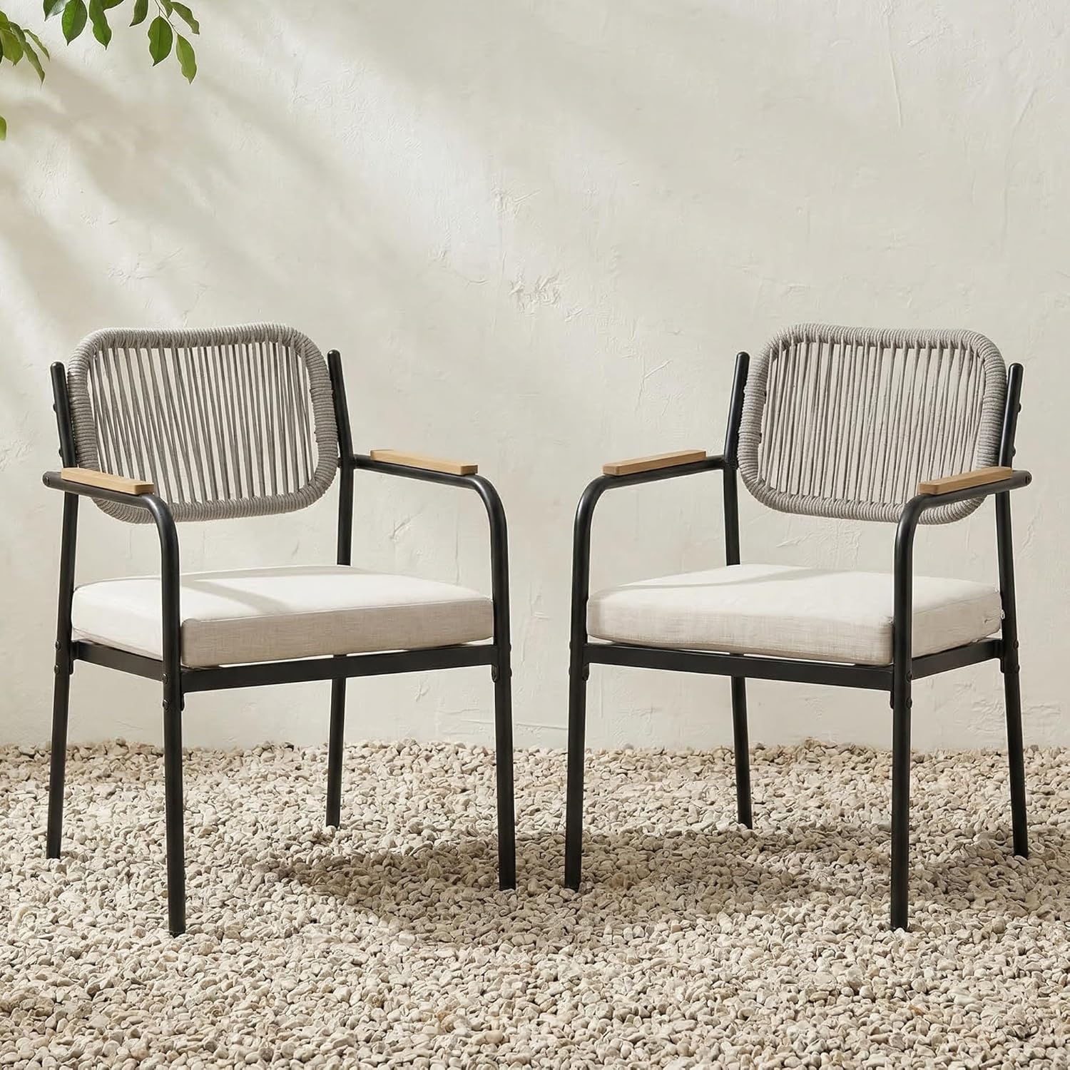 Outdoor Dining Chairs Set of 2, Wicker Patio Dining Chairs with Removable Cushions, Rectangle Patio Table Chair, All Weather Outdoor Chairs, Metal Lawn Chair for Adults/Indoor/Deck, Beige