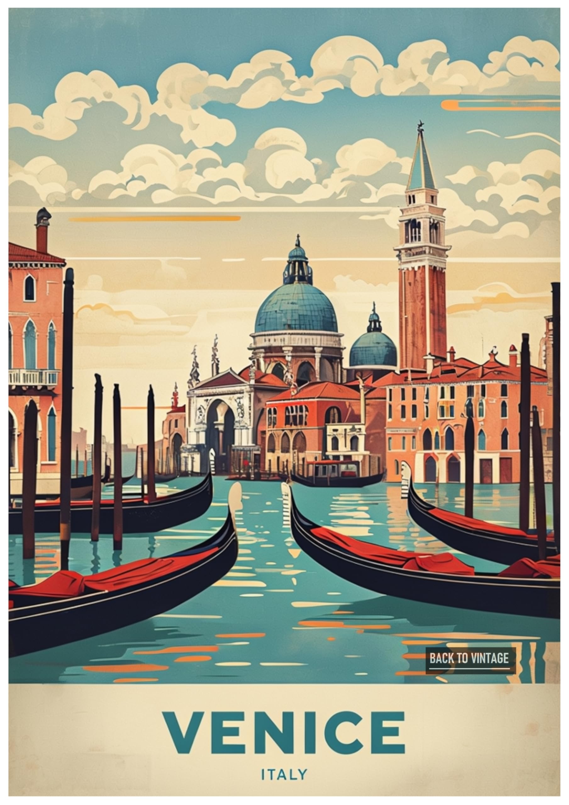 Back To Vintage Multicoloured Vintage Travel Poster Illustrating Tranquil Venice City Canals - Retro Europe Travel Poster A4 Size Vintage Wall Art Print Of Famous European Destinations Ideal For Home Or Office Decor