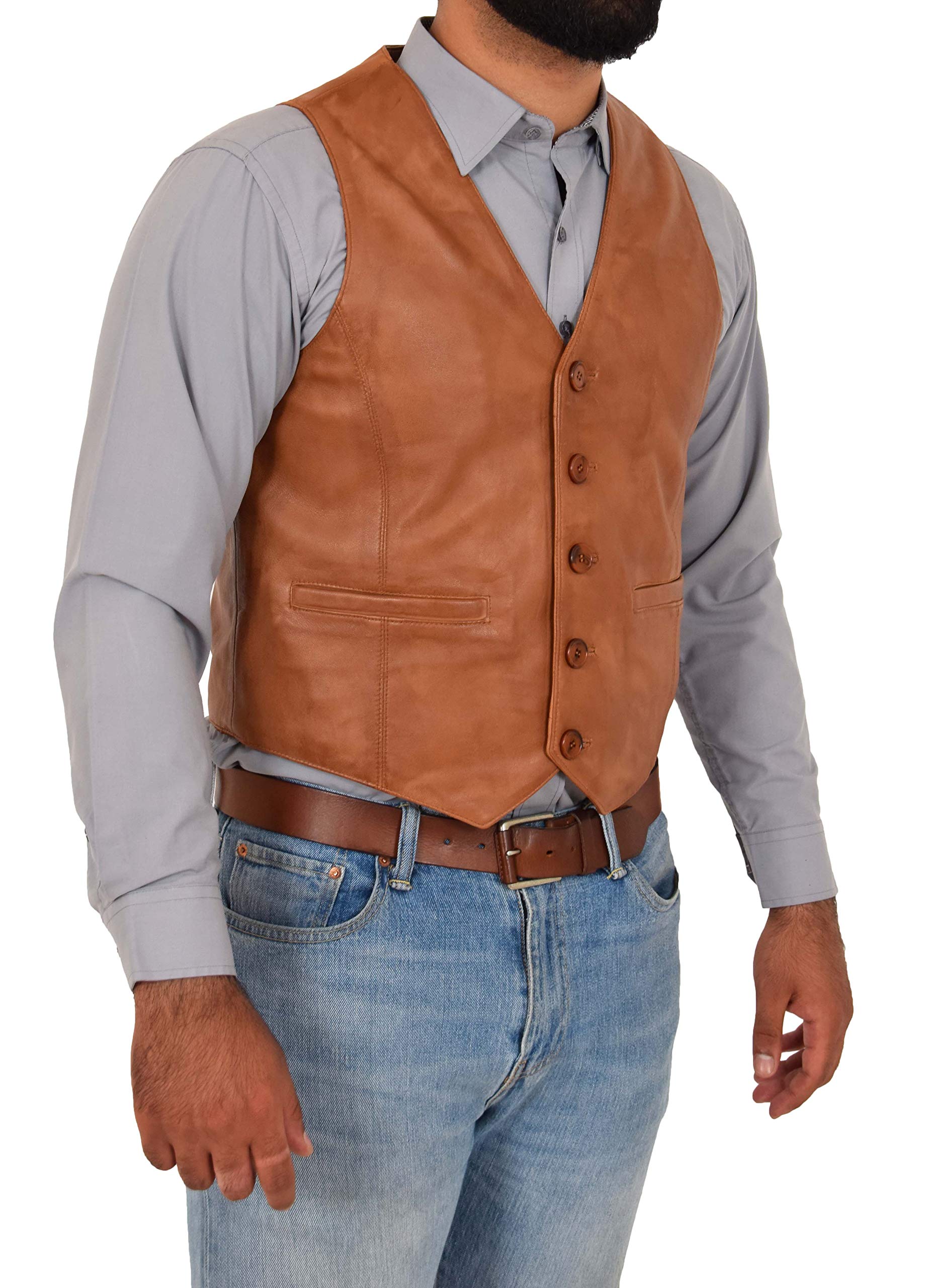 A1 FASHION GOODS Mens Full Leather Waistcoat Tan Gilet Traditional Smart Vest King (Large)