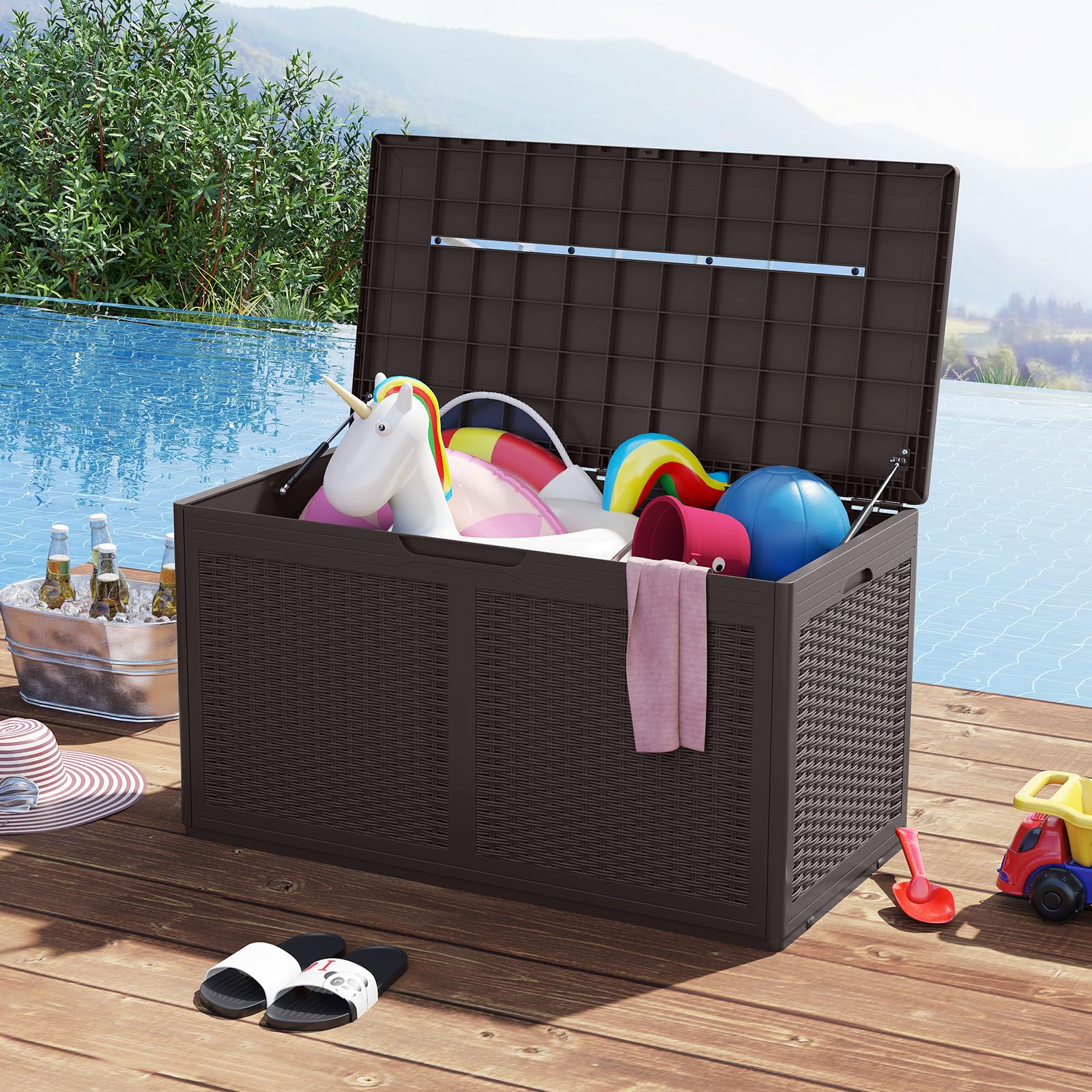 COSTWAY 380 L Gartenbox mit Rollen, Auflagenbox wasserdicht inkl. Deckel, Aufbewahrungsbox Gartentruhe mit Rattanstruktur für Poolzubehör, Gartengeräte & Balkon (Braun)