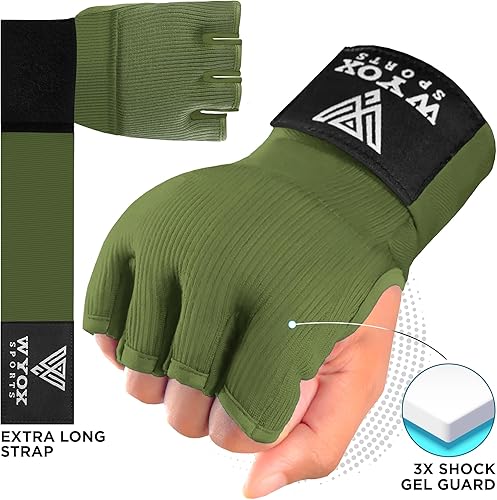 Miniatura 3 de WYOX Guantes interiores de boxeo de gel para hombres y mujeres, correa rápida de muñeca de 31.5 in, soporte acolchado para nudillos, MMA sin dedos,
