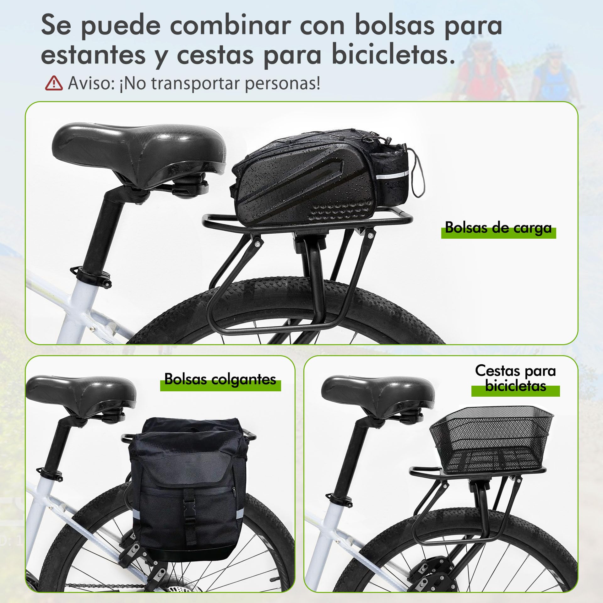 Mimoke Portaequipajes de bicicleta de aluminio – Universal para bolsas, cestas y paquetes, ruedas de 20 – 29 ″