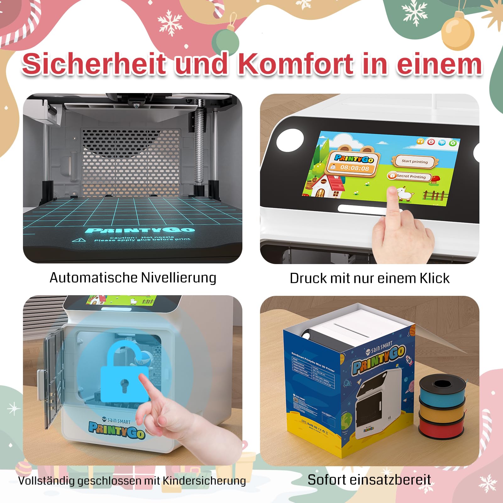 SainSmart PrintyGo Mini 3D-Drucker für Kinder – 600 mm/s Auto-Leveling, 5"-Touchscreen, 1500+ Modelle, Kindersicher, Wi-Fi/App-Steuerung, Vormontiert – Perfektes STEM-Lernspielzeug