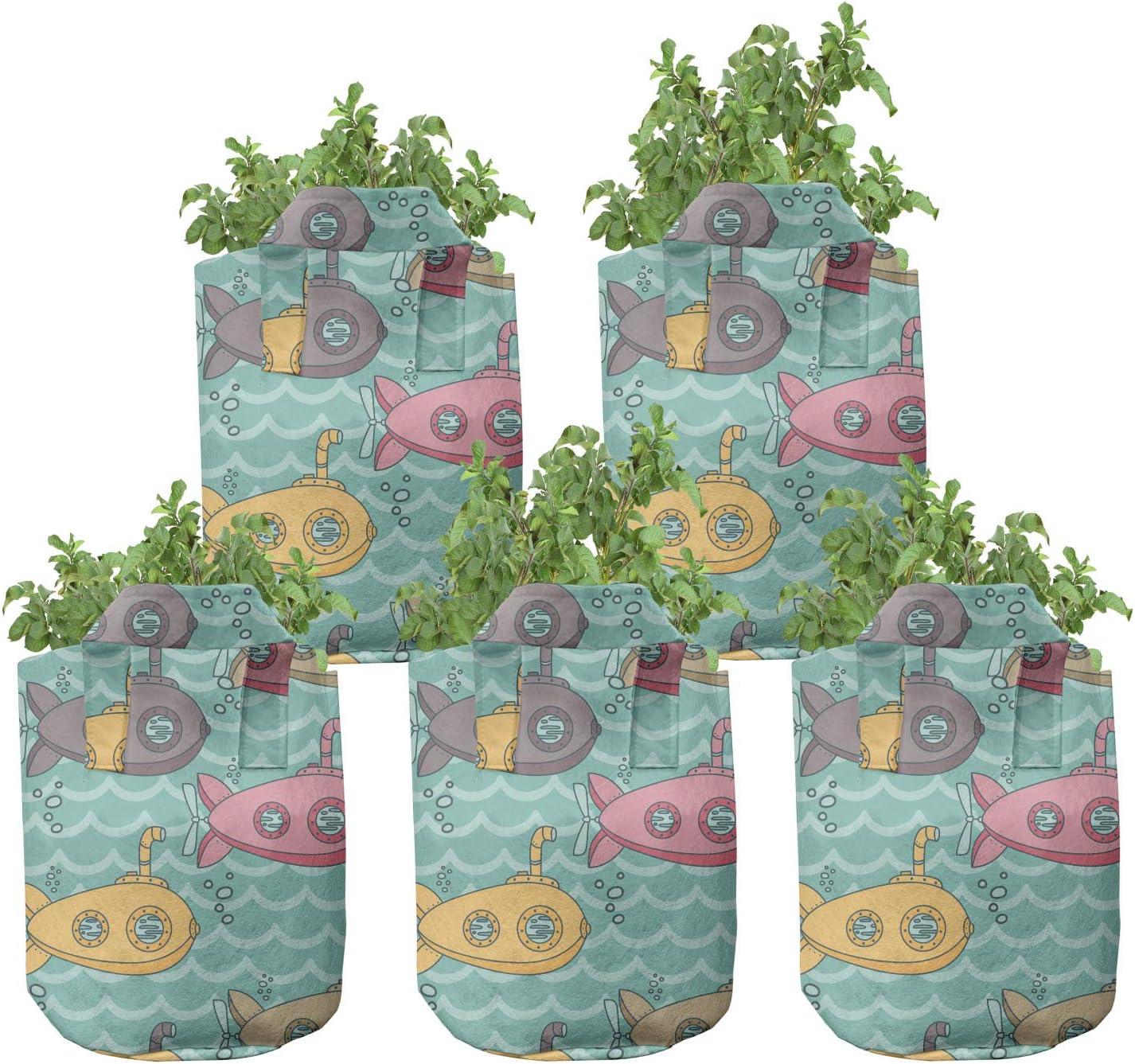 Ambesonne Submarine Grow Bags 5-Pack, Cartoon Nautical, Heavyduty Fabric Pots with Handles for Plants, Multicolor
