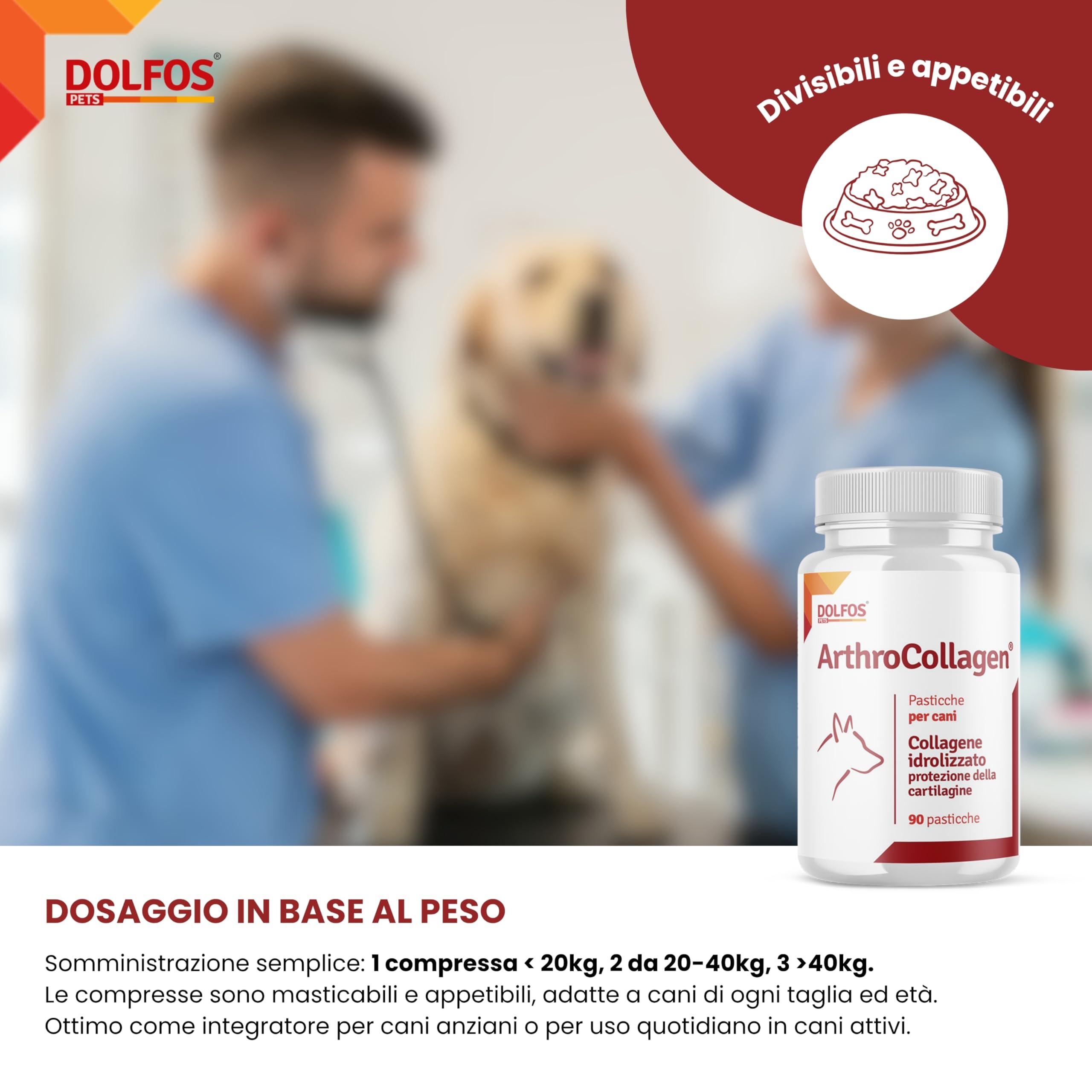 Dolfos ArthroCollagen Integratore Articolazioni Cane, 90 Cpr Masticabili, Joint Care, Integratori per Cani con Collagene, Omega 3, Vitamine, Antinfiammatorio Articolazioni Cani