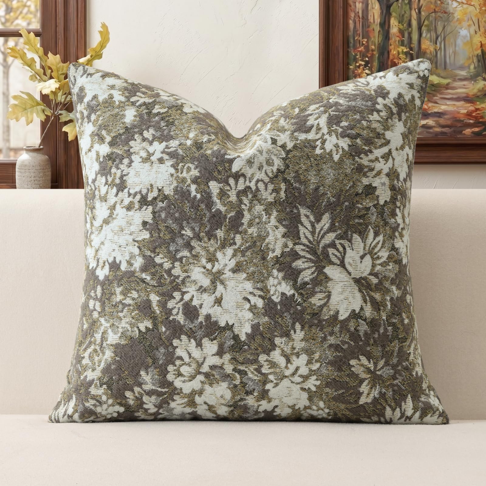 Artscope Set of 1 Neutral Floral Cushion Cover 45x45cm, Vintage Chenille Square Throw Pillow Cover Soft Decorative Farmhouse Accent Couch Pillow Cover for Living Room Bedroom Sage Green