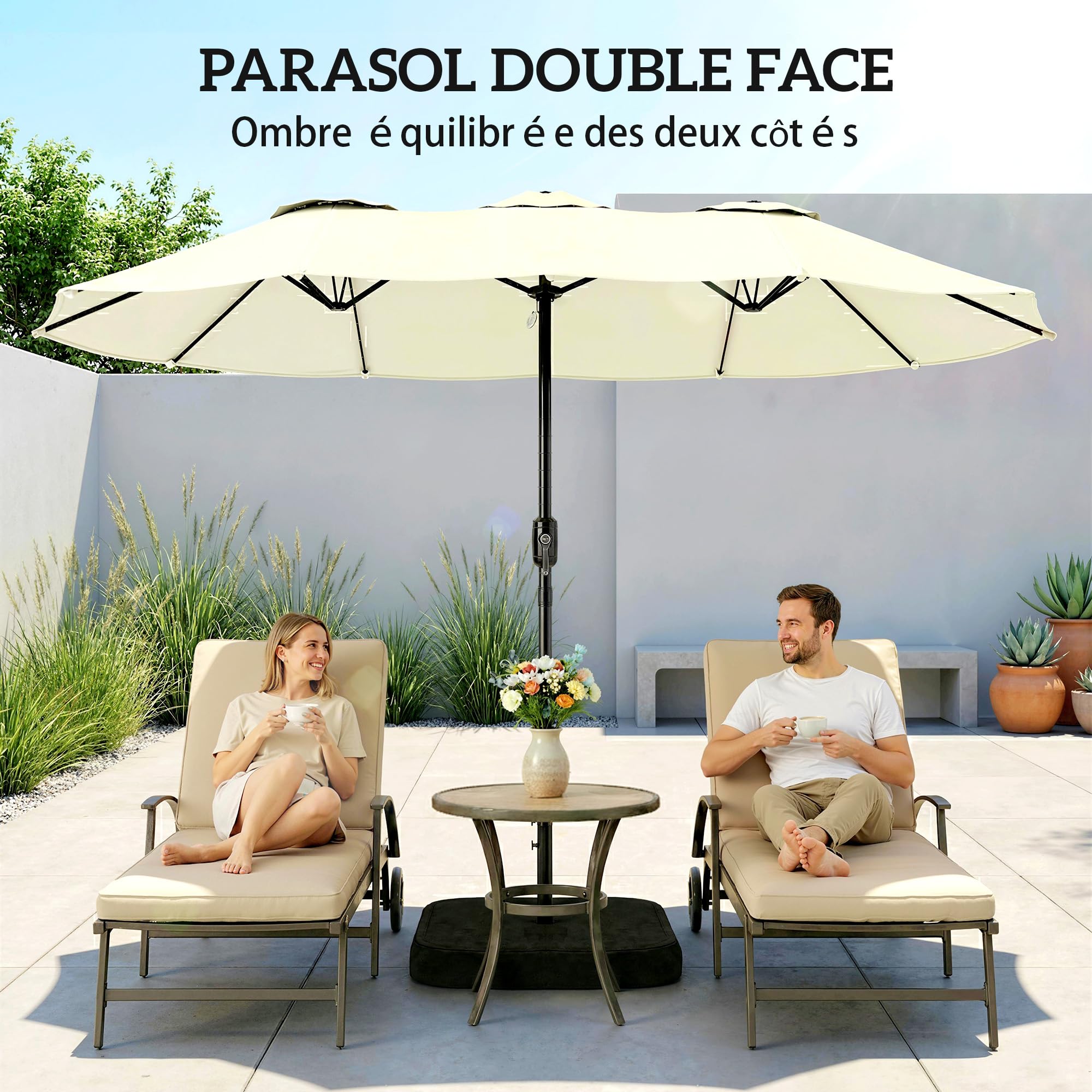 Outsunny Parasol de Jardin Extérieur Double Face 300x150cm avec Base Beige