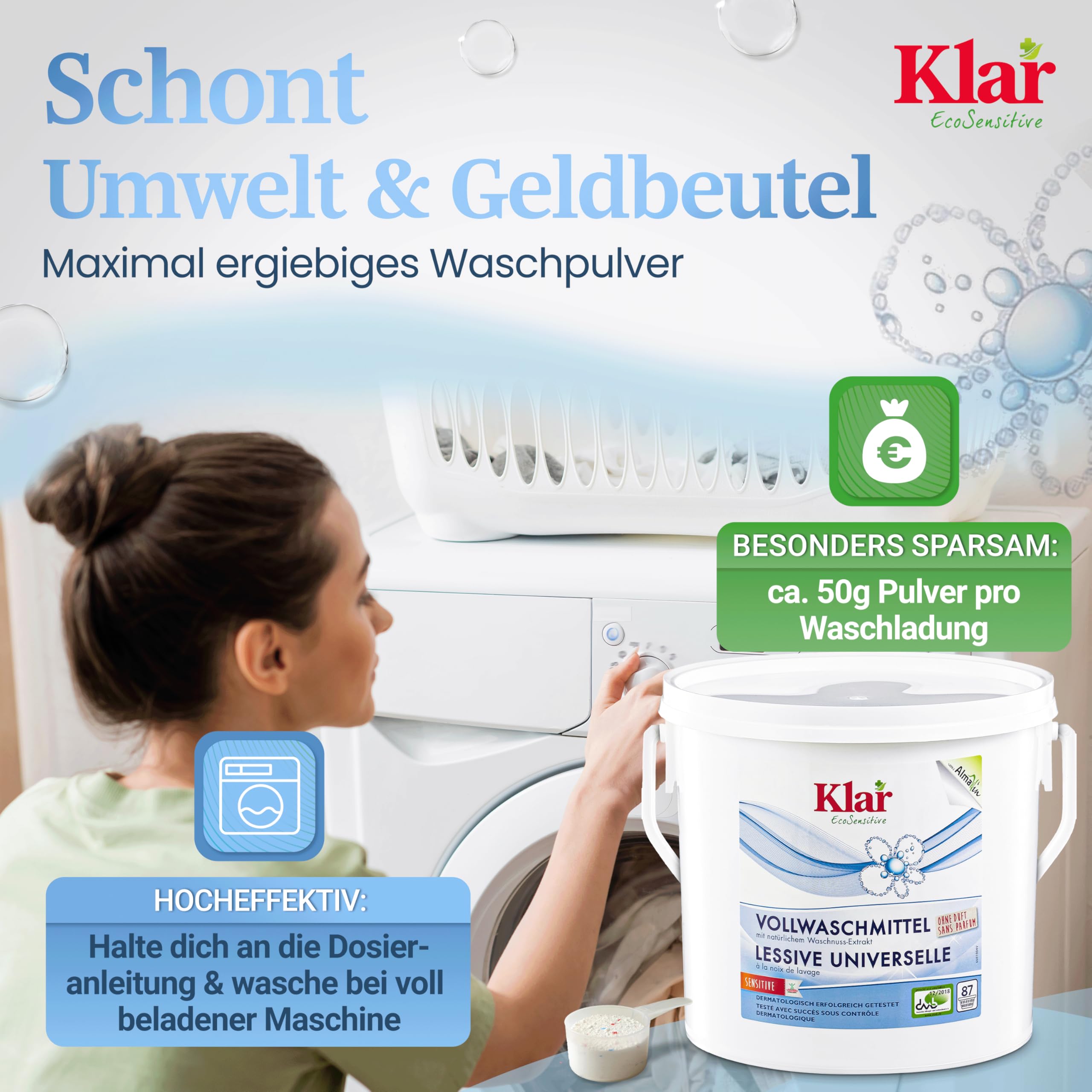 Klar Vollwaschmittel Pulver Sensitive 4,4kg - 80 Ladungen - Allergiker Waschpulver ohne Duft - Bio Waschmittel Pulver mit natürlichem Waschnuss Extrakt - VEGAN & Enzymfrei