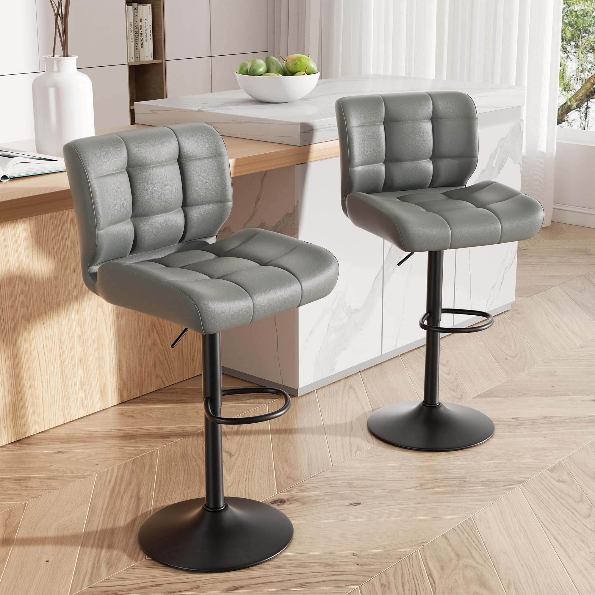 choairy Bar Stools Set of 2, Upholstered Faux Leather Swivel Bar Stools, Modern Adjustable Counter Height Bar Chairs with High Back and Footrest for
