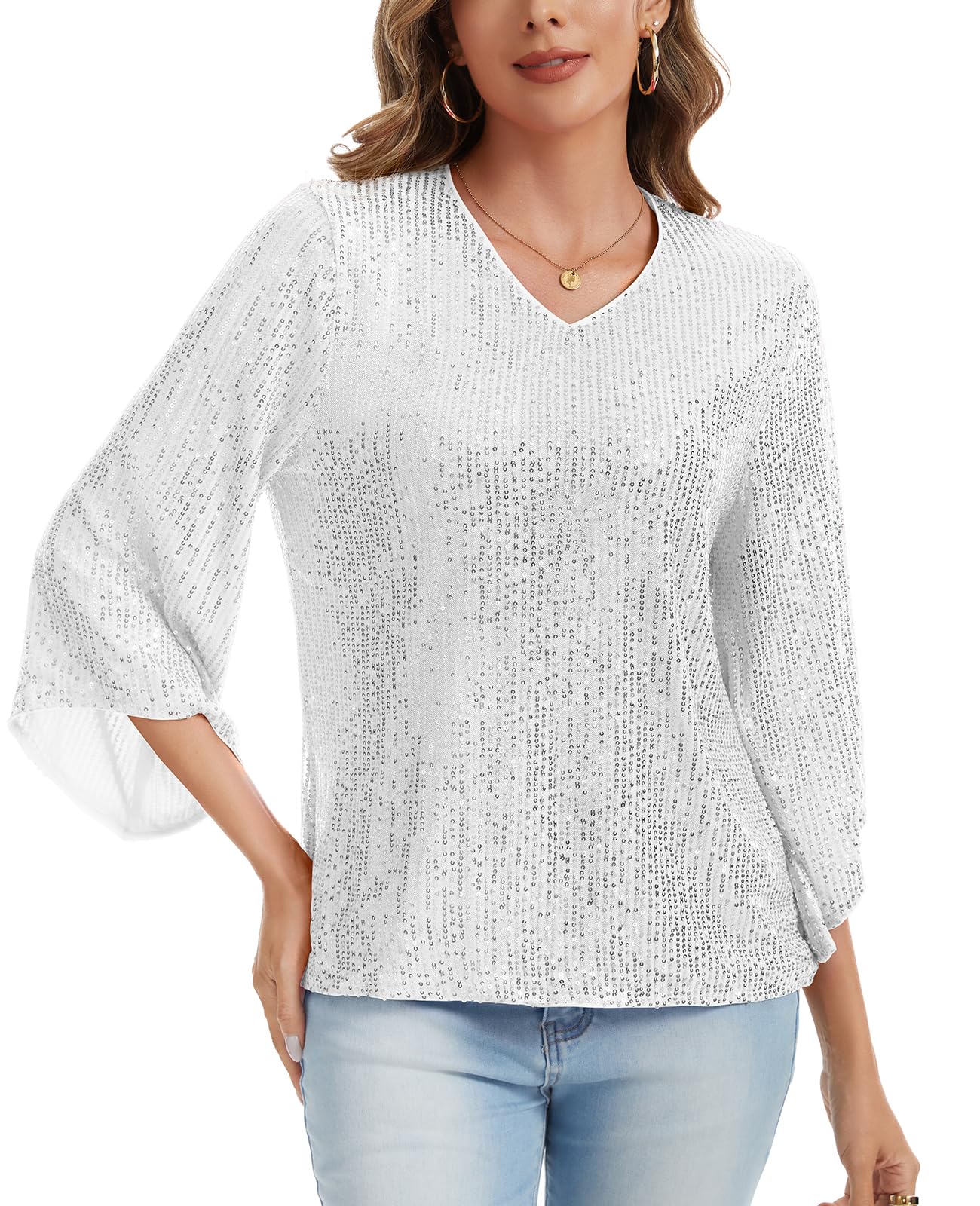 MINTLIMIT Women's Sparkly Sequin Tops V Neck 3/4 Ruffle Bell Sleeve Top Fully Lined (Silver M)