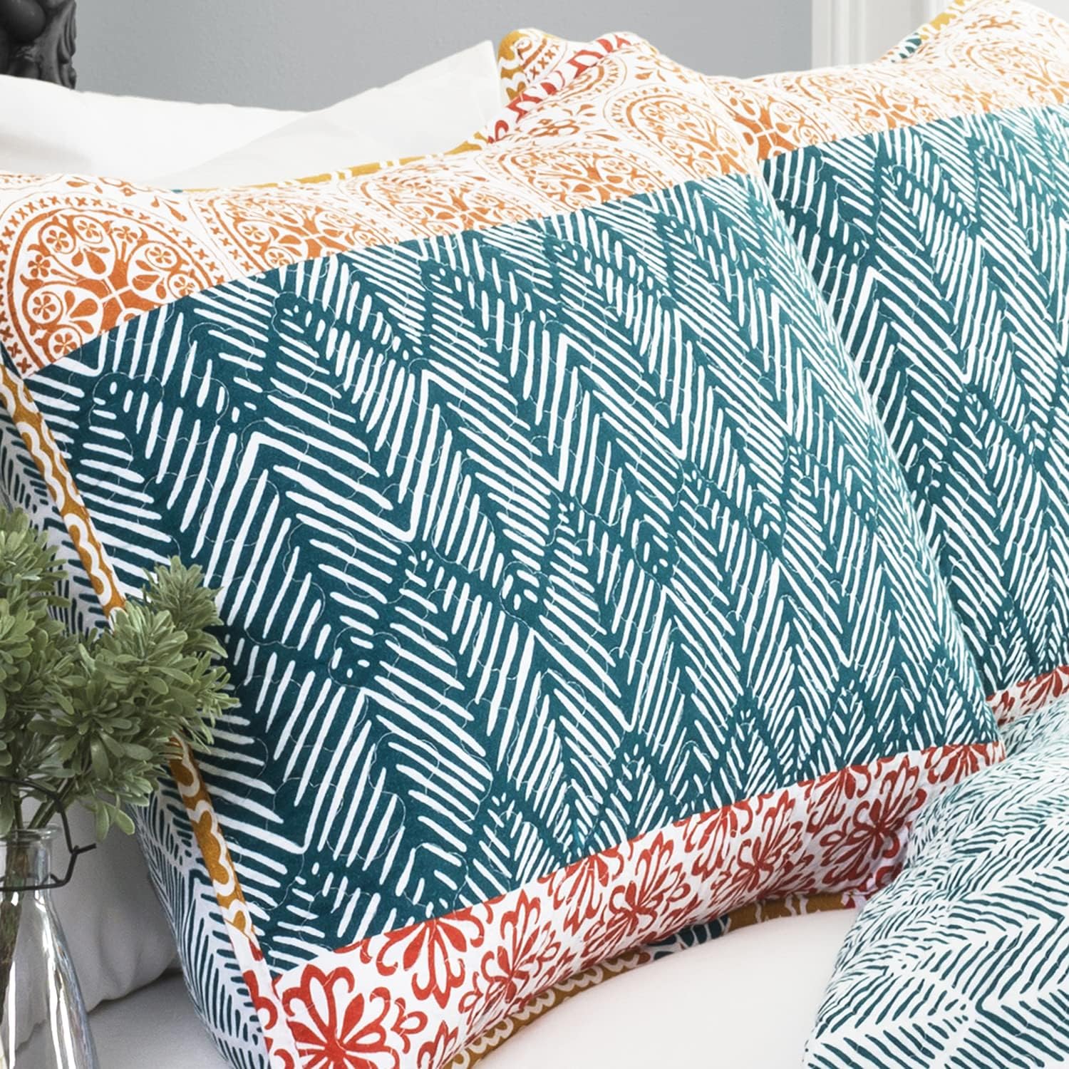 Full Turquoise and Tangerine Cotton Reversible Quilt Set