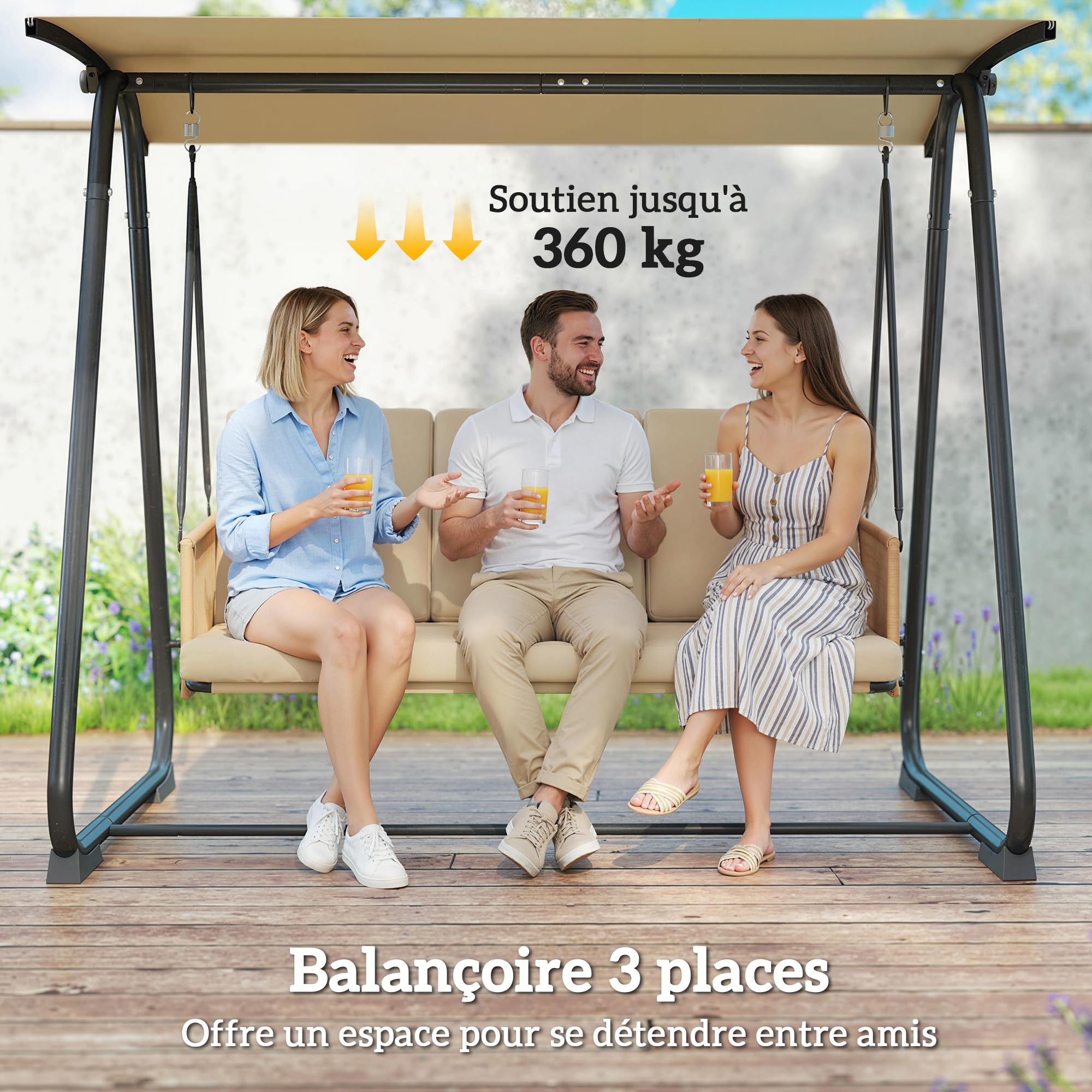 Outsunny Balancelle de Jardin 3 Places Toit Réglable UPF 30+ Acier 360kg Coussin 7cm Banc Suspendu Extérieur Terrasse Sable