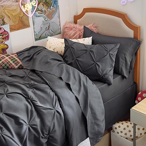 Miniatura 5 de BEDSURE Juego de ropa de cama con edredón tamaño individual de 6 piezas, diseño de pliegues, con edredón, sábanas, falda de cama, funda de almohada
