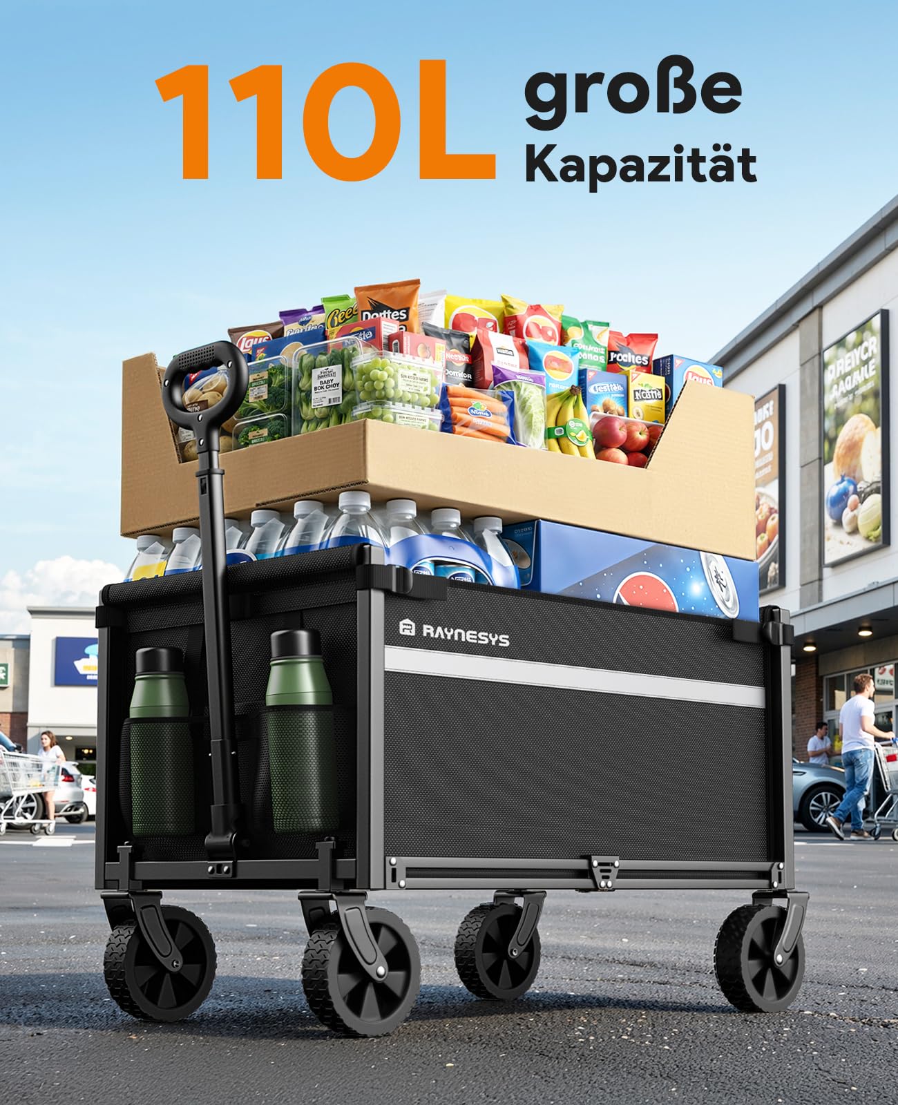 Bollerwagen Faltbar, 330LBS Klappbar Handwagen, Robust Einkaufstrolley Gartenwagen Klappbar mit Rädern, Tragbarer Transportwagen Faltwagen für Camping Sport Garten Einkaufen, Hellschwarz
