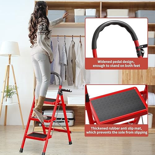 Miniatura 3 de Escalera de 3 escalones, escalera plegable de 3 escalones, escalera plegable de 3 escalones con pedal ancho antideslizante y cómodo agarre de mano,