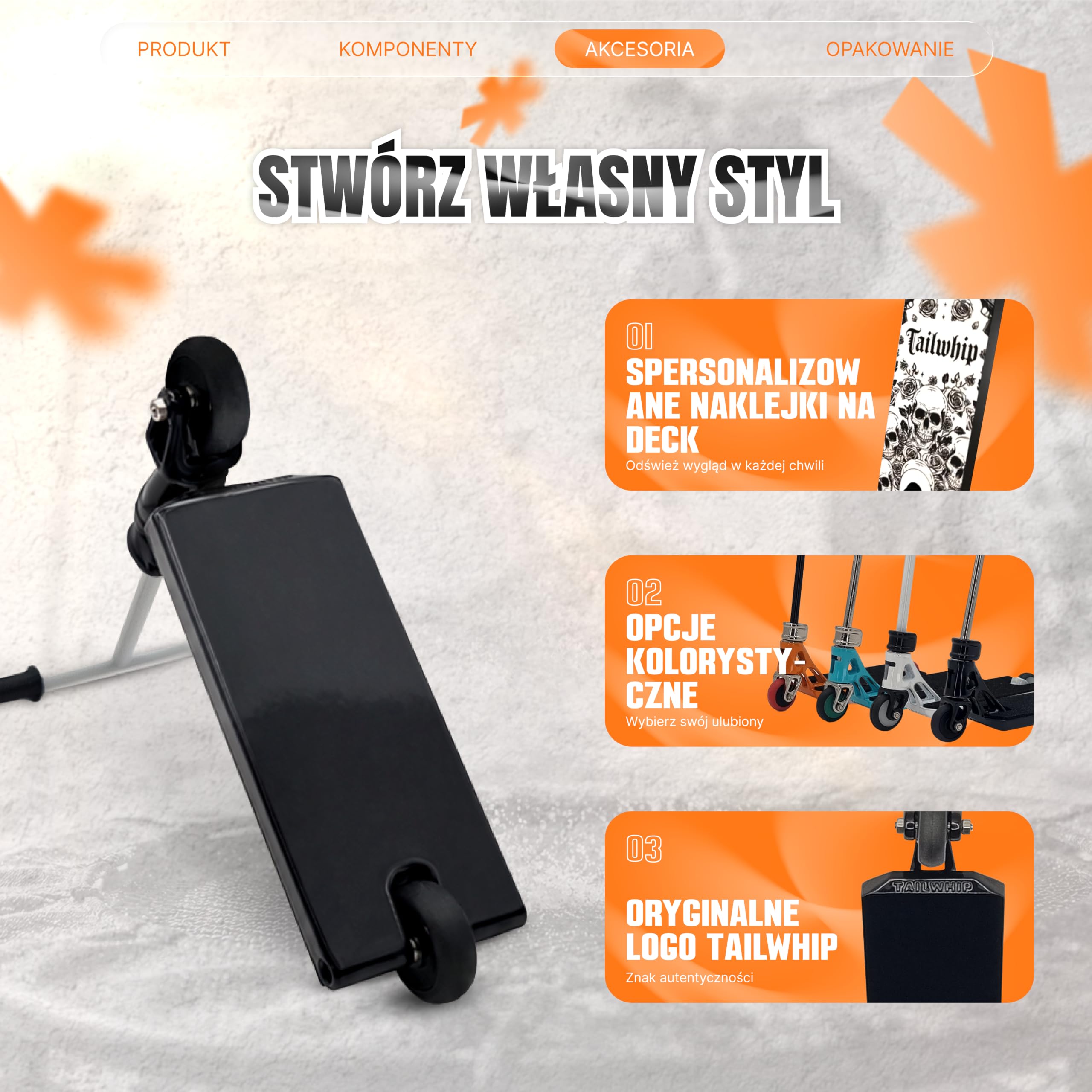 TAILWHIP Pro Finger Scooter z łożyskami kulkowymi – bez zabawy, cicha praca, naklejka na pokład do indywidualizacji, wytrzymała metalowa hulajnoga trick Scooter dla dzieci i dorosłych, czarna