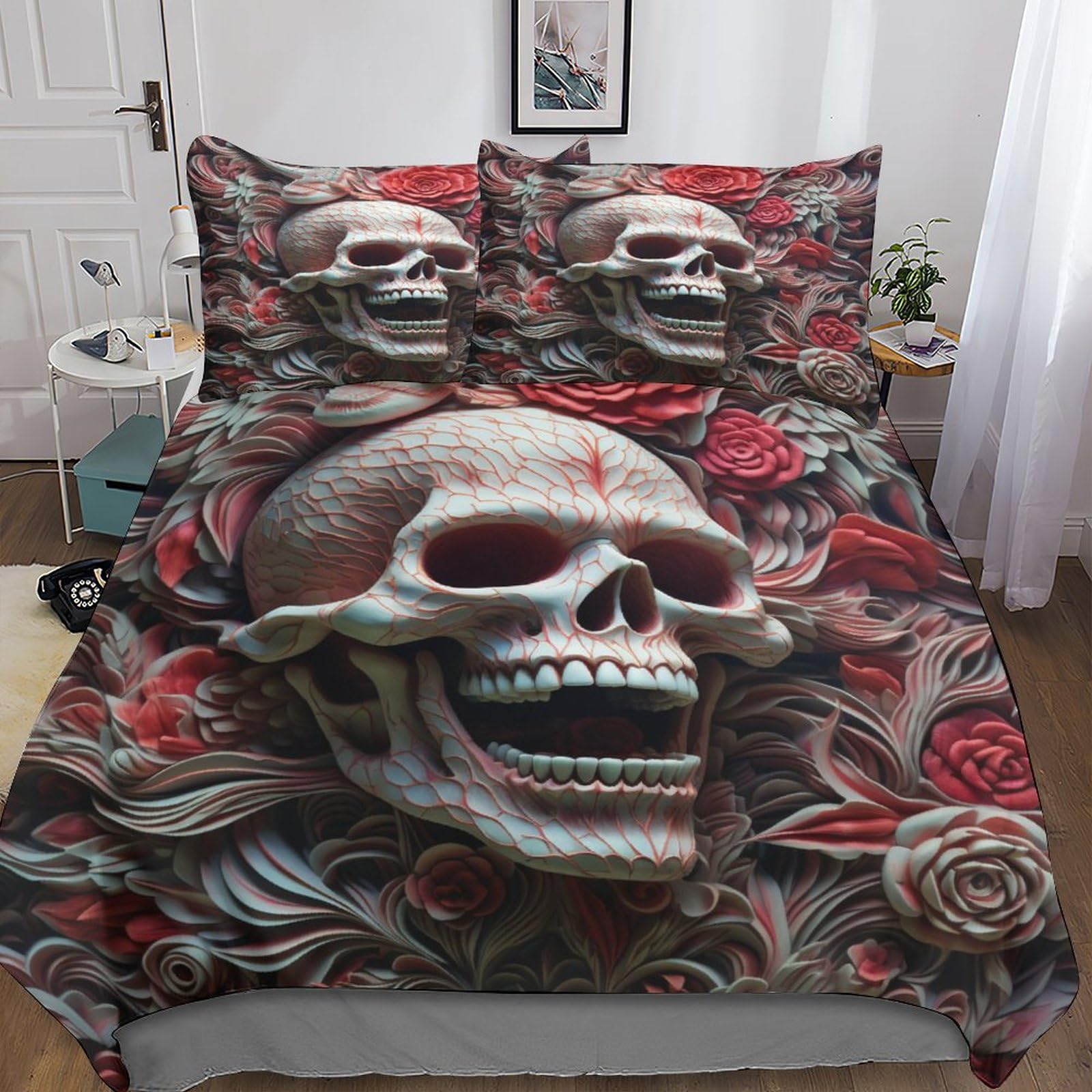 Parure de lit tête de crâne 3D housse de couette gothique en microfibre 200x200cm pour adulte et ado